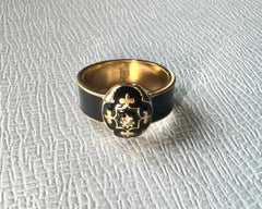 Black Enamel Ring White Diamond Fleur de Lis