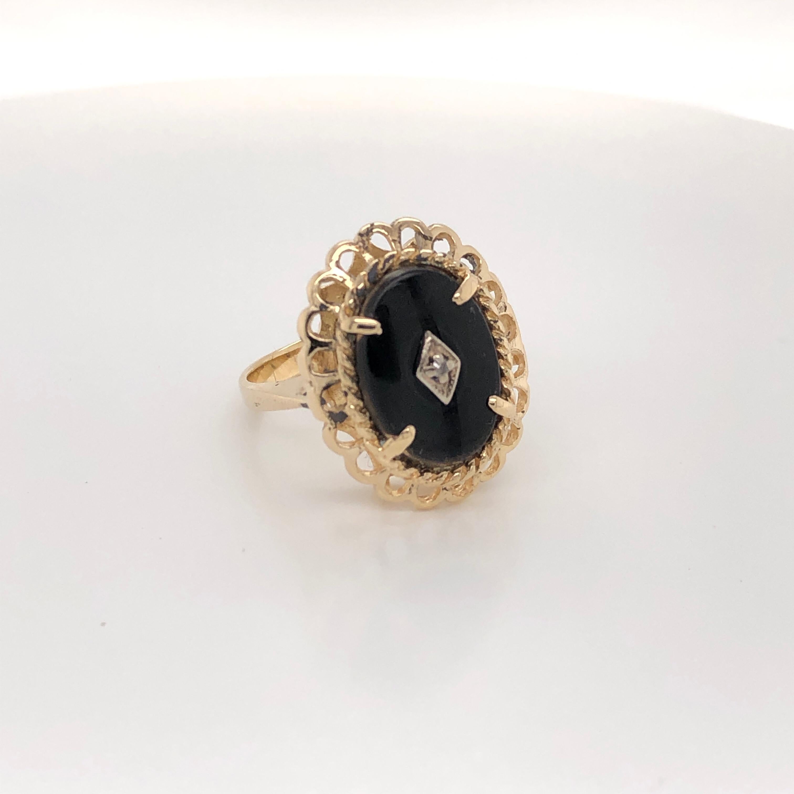 Victorian Style Black Onyx Yellow Gold Oval Ring with Diamond Accent 2
