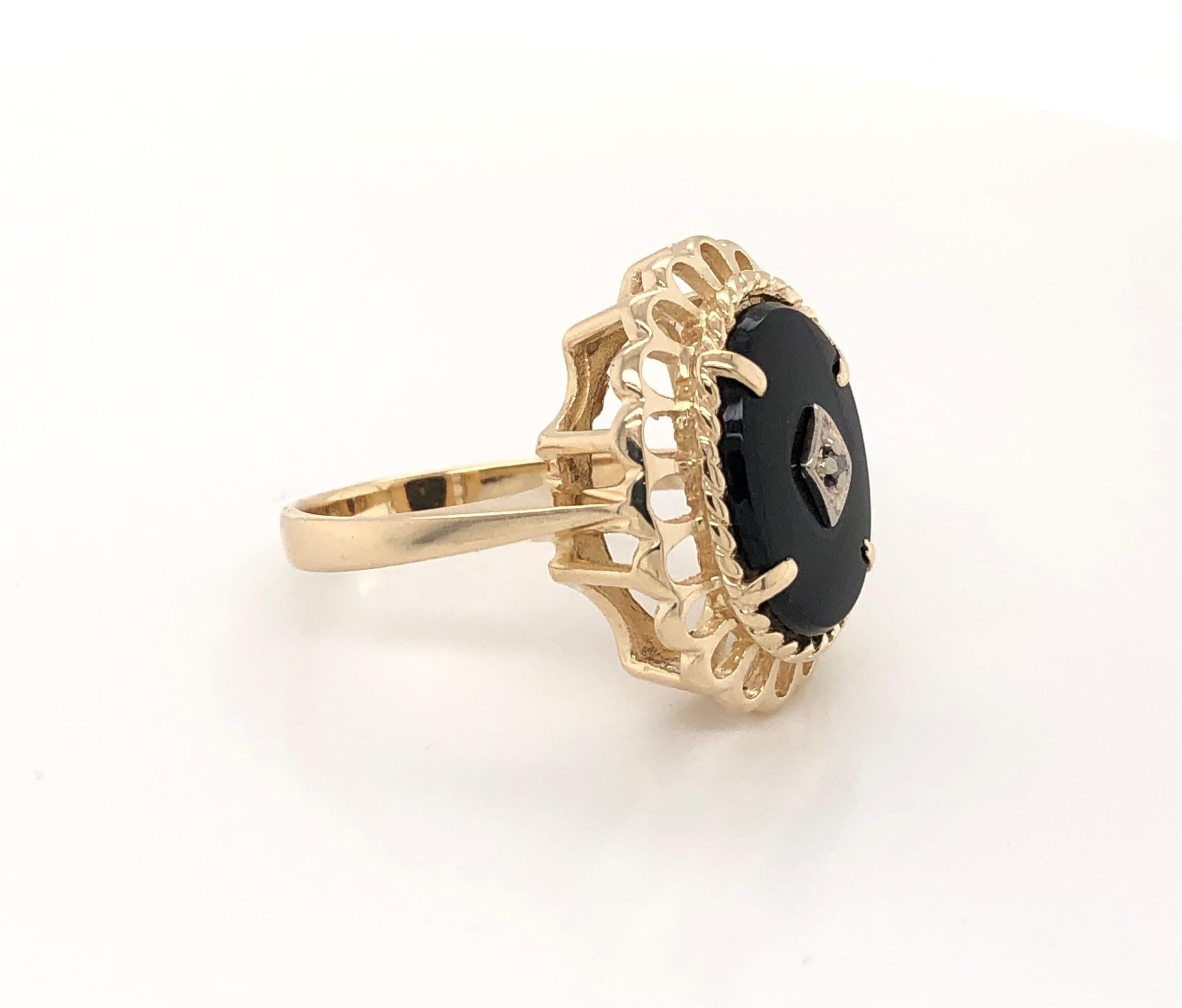 Victorian Style Black Onyx Yellow Gold Oval Ring with Diamond Accent 6