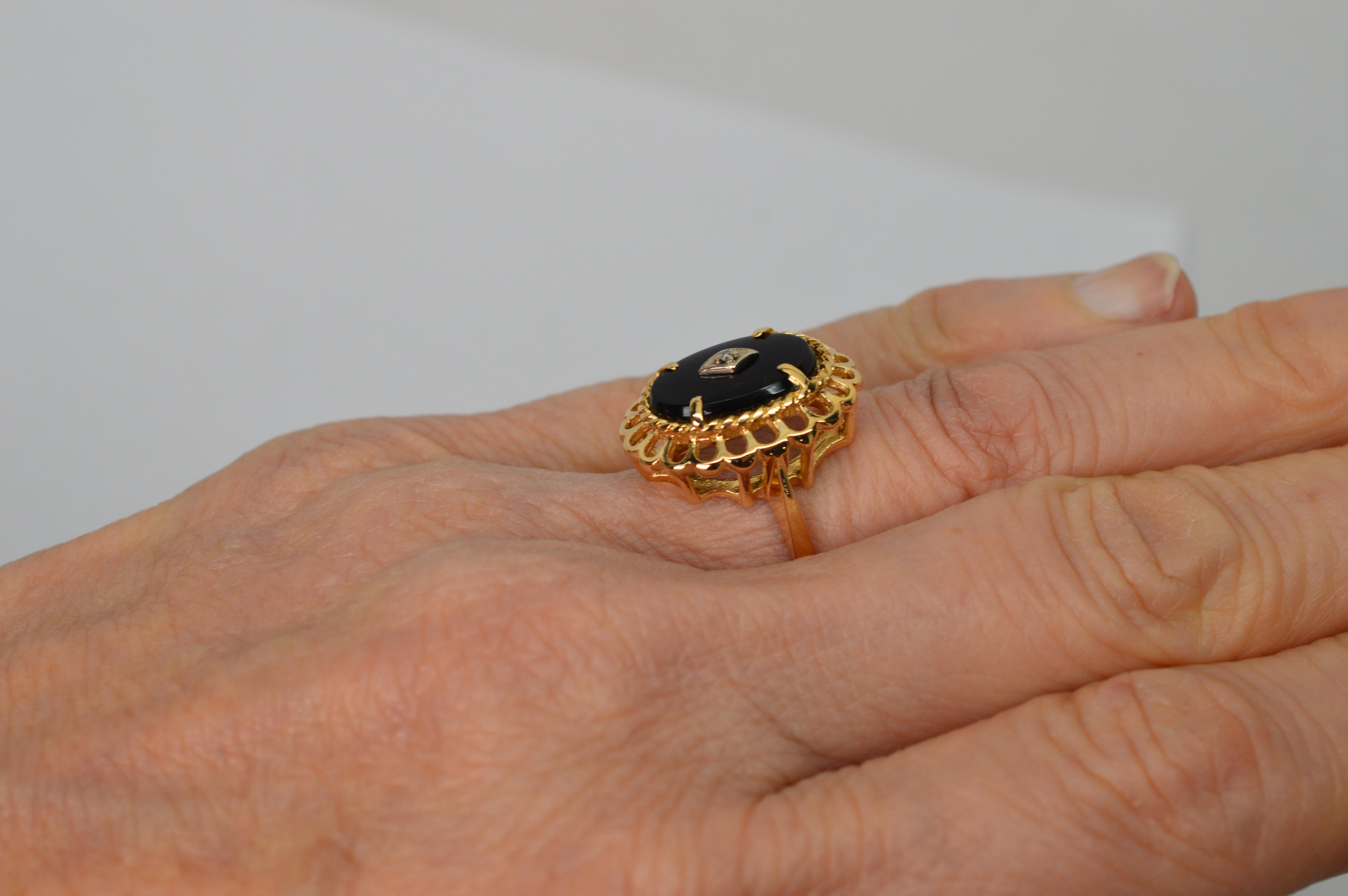 Victorian Style Black Onyx Yellow Gold Oval Ring with Diamond Accent 4