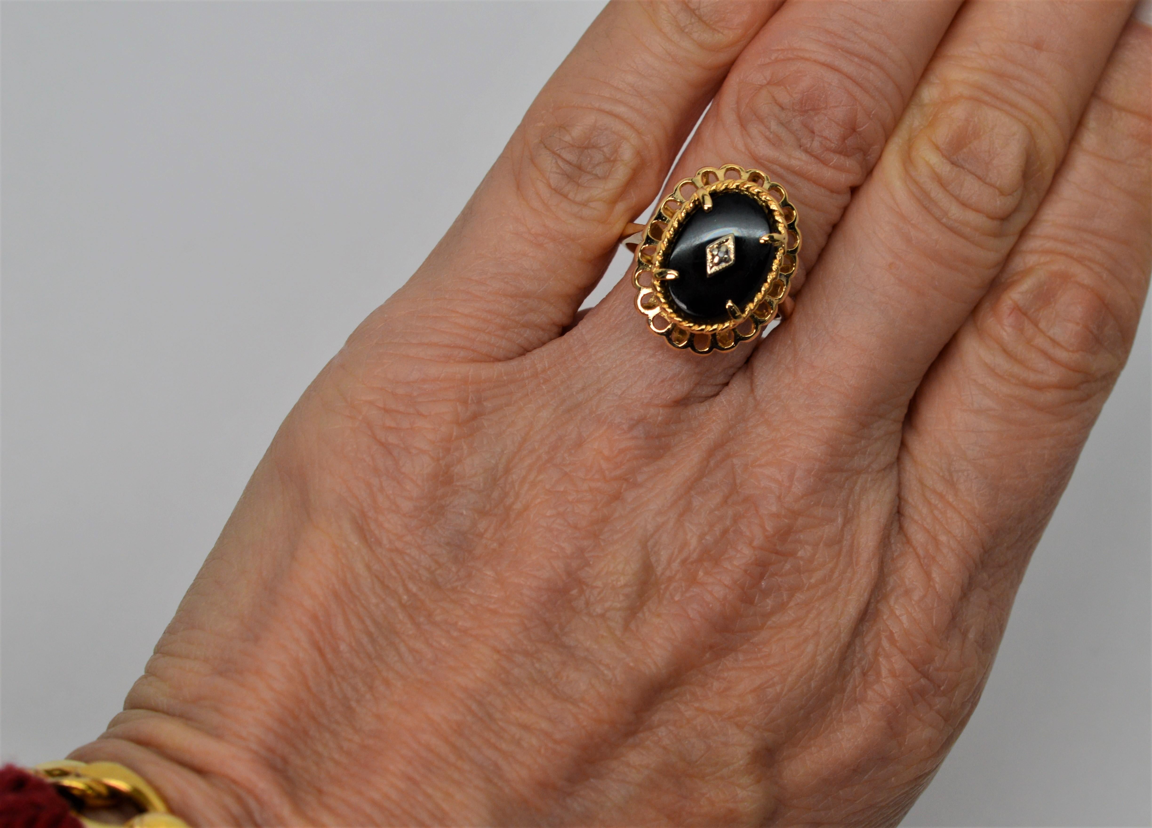 Victorian Style Black Onyx Yellow Gold Oval Ring with Diamond Accent 5