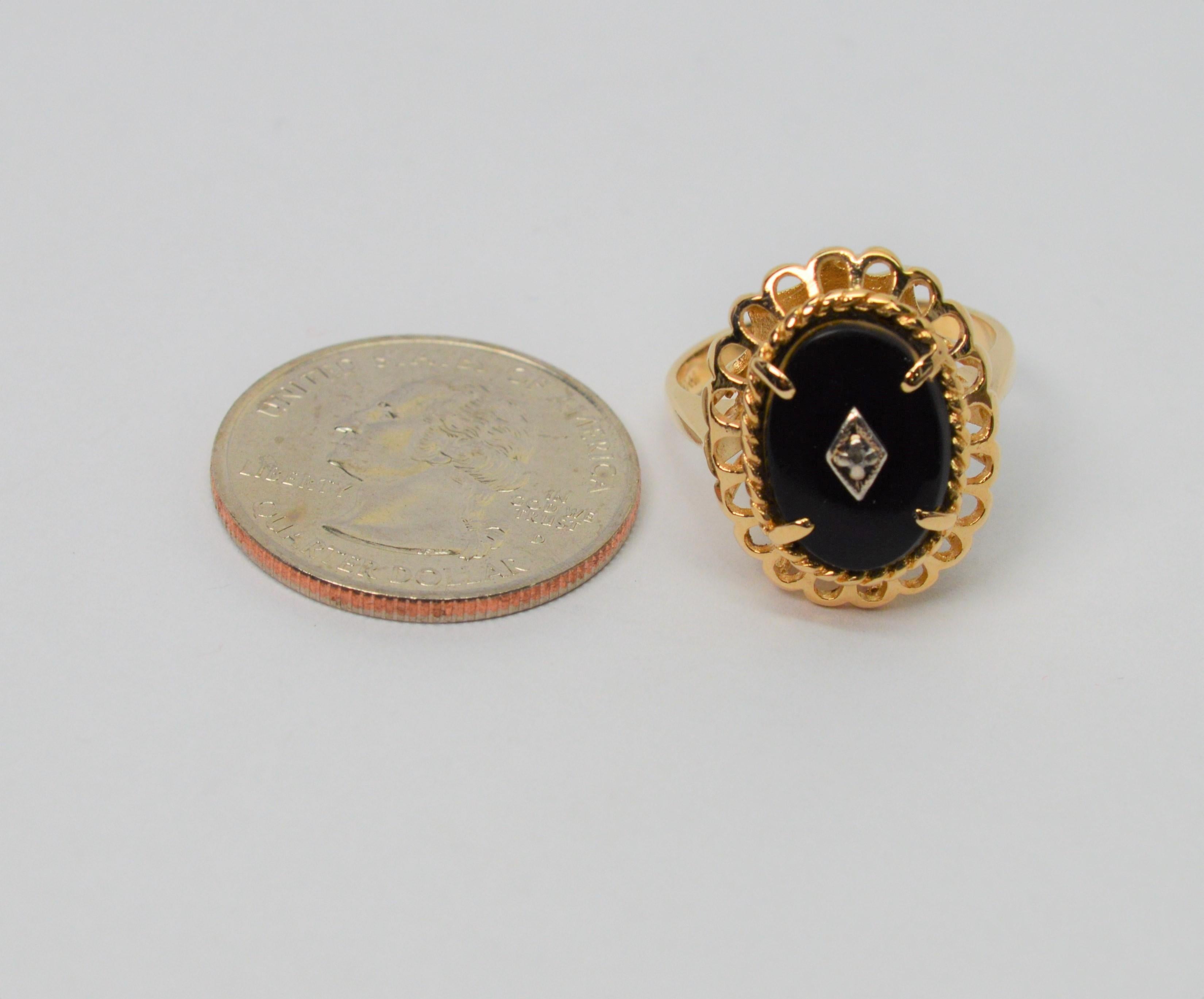 Victorian Style Black Onyx Yellow Gold Oval Ring with Diamond Accent 3