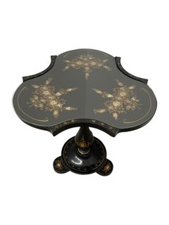 Victorian Style Black Pedestal Table with Floral Hand-Painted Decoration