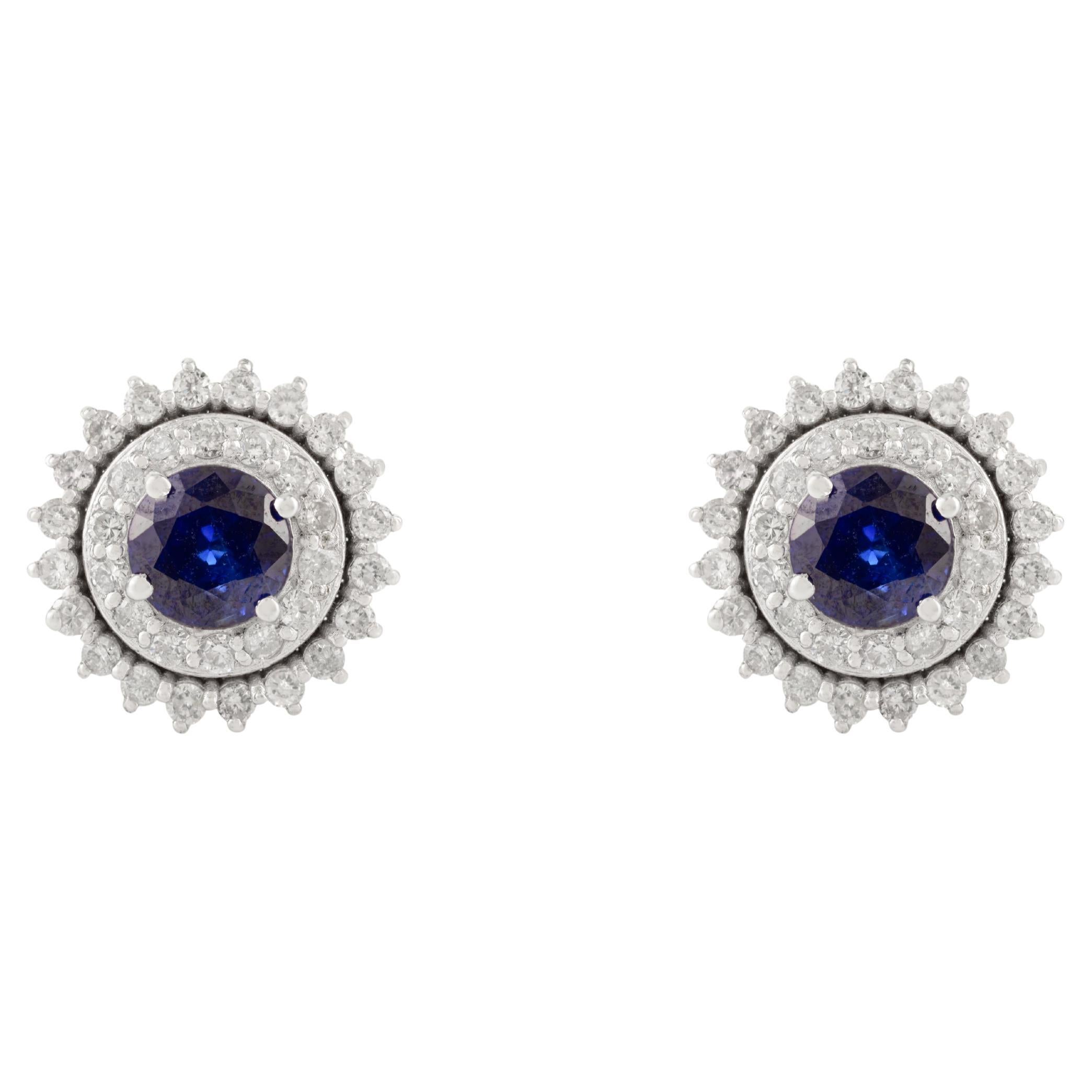 Victorian-Style Blue Sapphire and Diamond Halo Stud Earrings in 18k White gold
