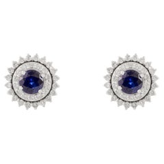 Victorian-Style Blue Sapphire and Diamond Halo Stud Earrings in 18k White gold