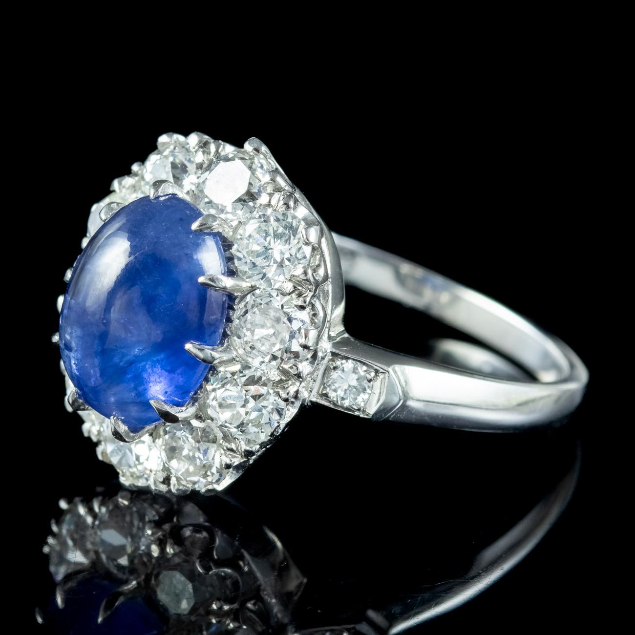 Women's Victorian Style Blue Sapphire Diamond Cluster Ring 4.12ct Cabochon With Cert For Sale