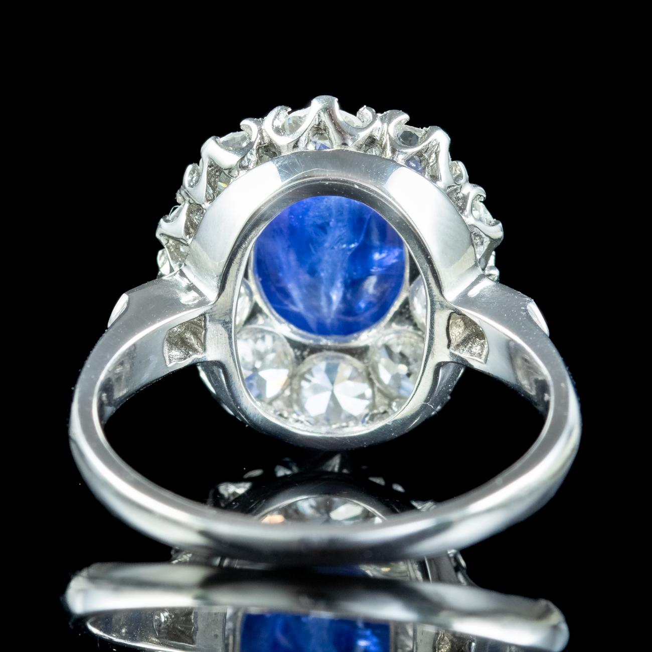 Victorian Style Blue Sapphire Diamond Cluster Ring 4.12ct Cabochon With Cert For Sale 1