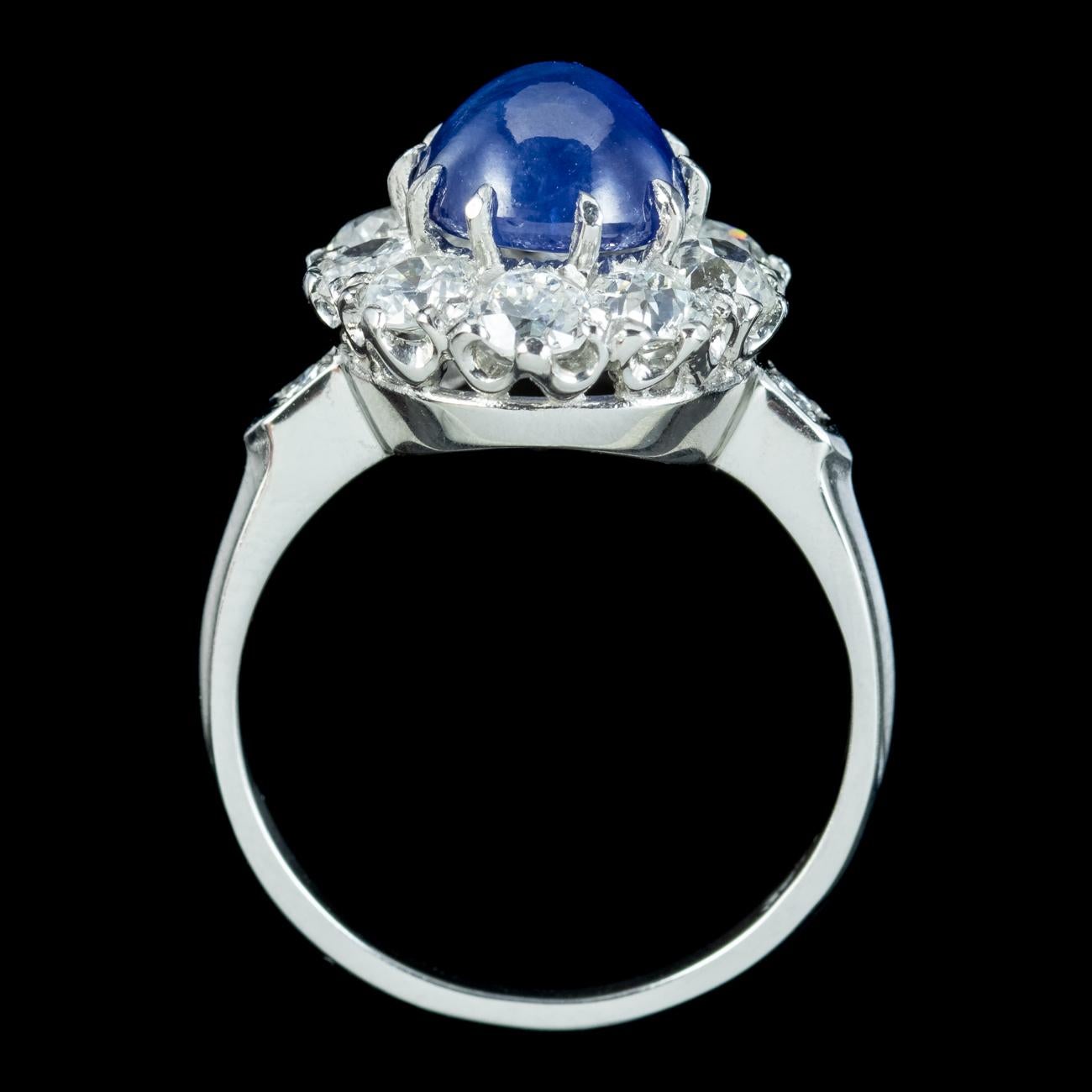Victorian Style Blue Sapphire Diamond Cluster Ring 4.12ct Cabochon With Cert For Sale 2