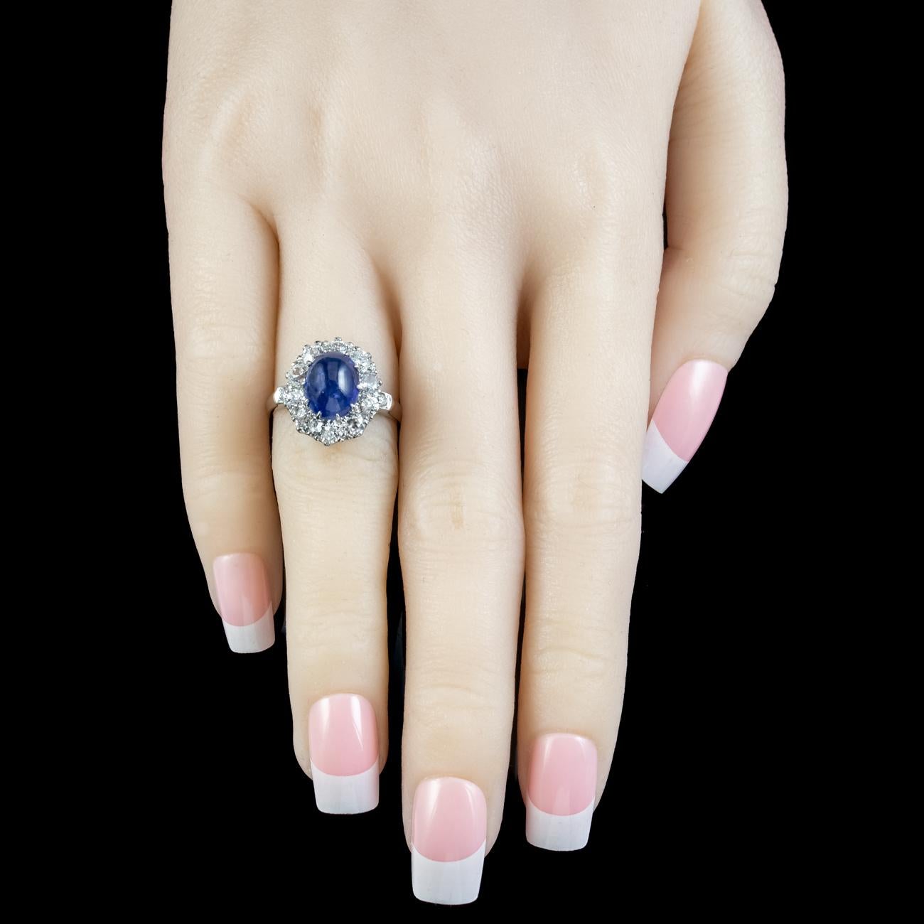 Victorian Style Blue Sapphire Diamond Cluster Ring 4.12ct Cabochon With Cert For Sale 3