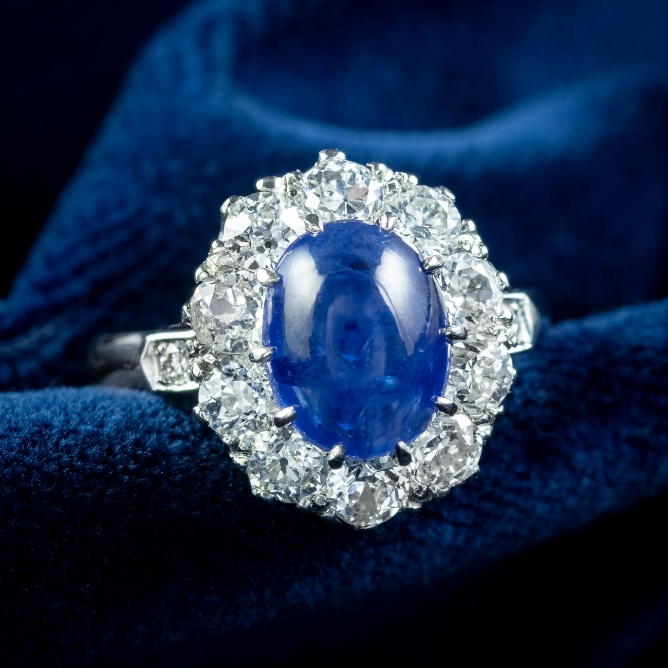 Victorian Style Blue Sapphire Diamond Cluster Ring 4.12ct Cabochon With Cert For Sale 4