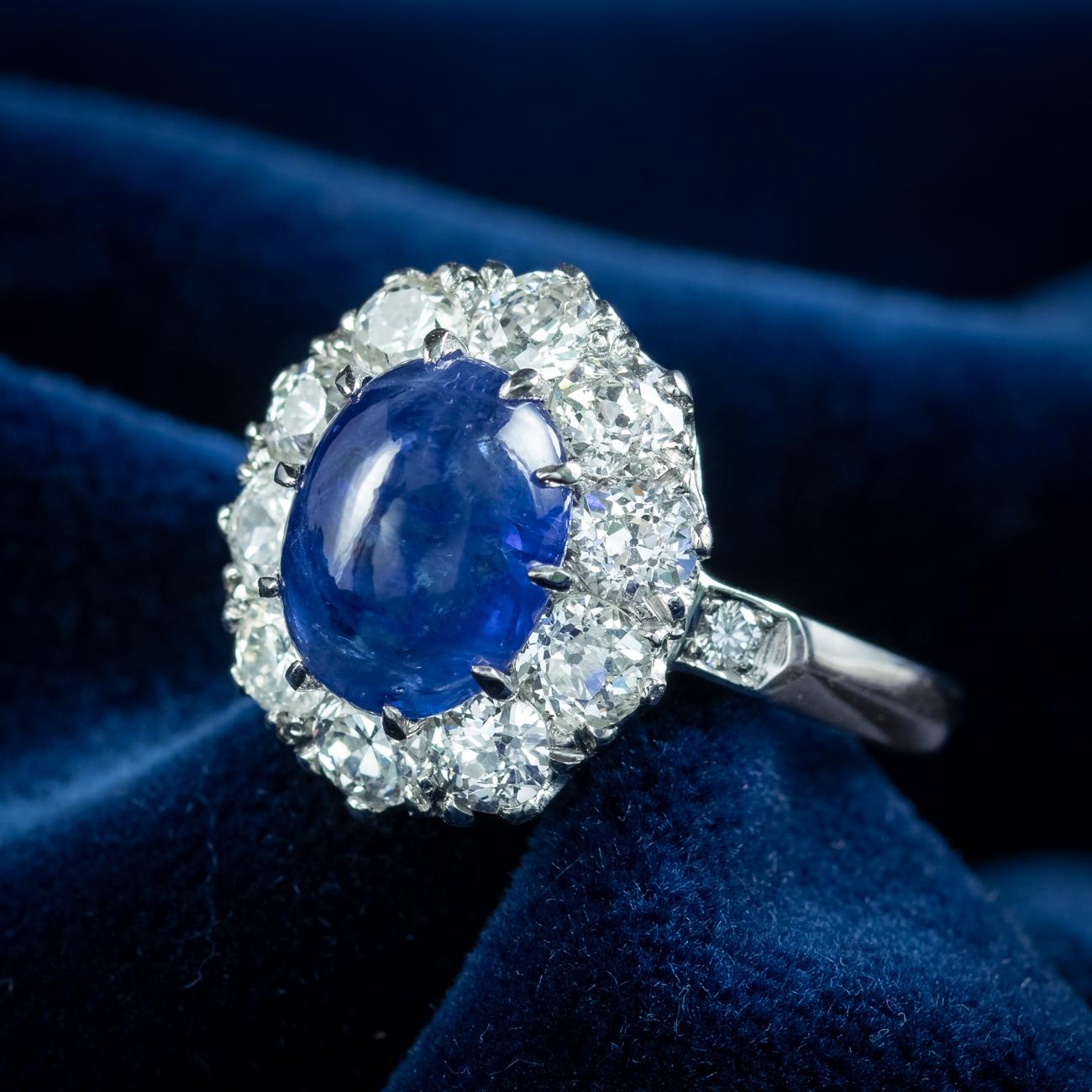 Victorian Style Blue Sapphire Diamond Cluster Ring 4.12ct Cabochon With Cert For Sale 5