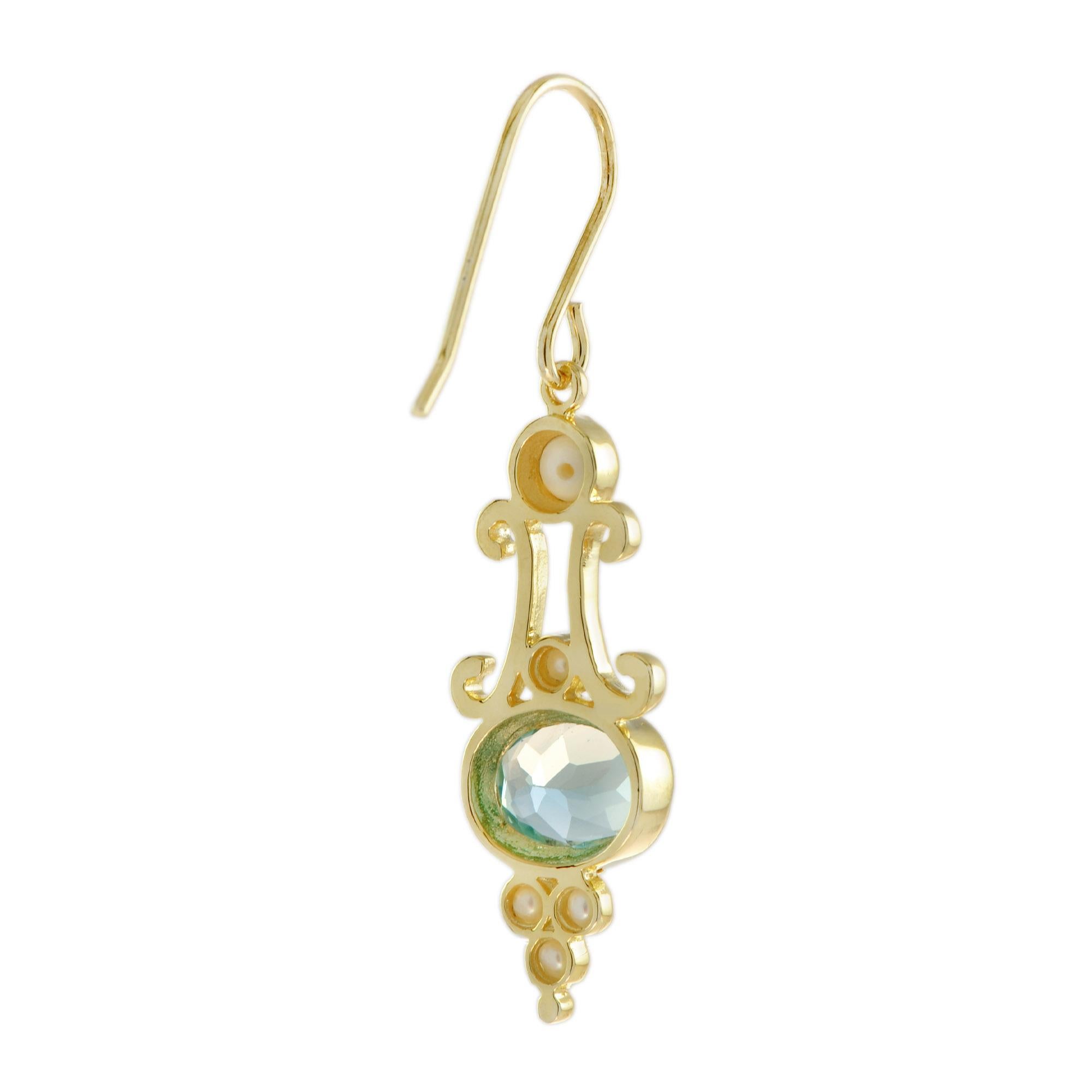 Oval Cut Victorian Style Blue Topaz and Pearl Drop Earrings in 14K Yellow Gold