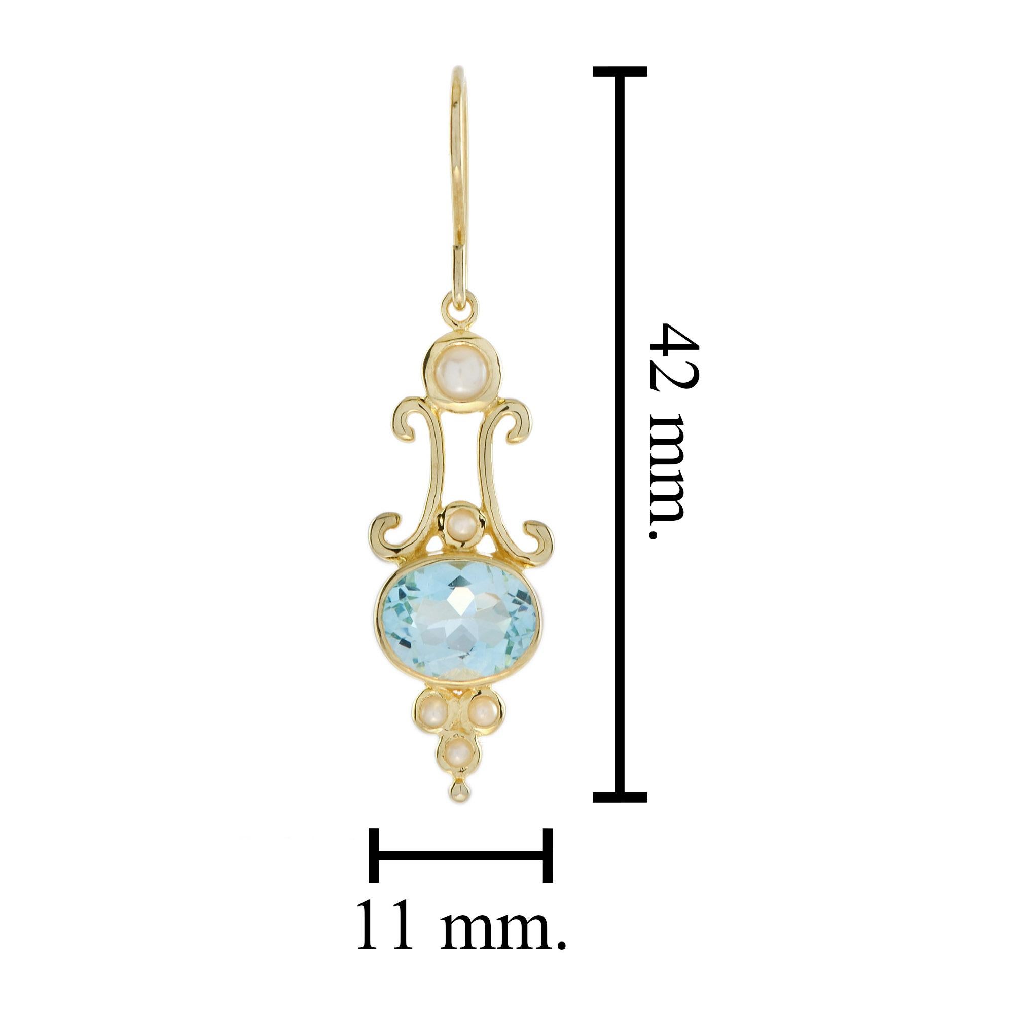 Victorian Style Blue Topaz and Pearl Drop Earrings in 14K Yellow Gold In New Condition In Bangkok, TH