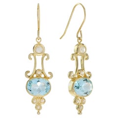 Victorian Style Blue Topaz and Pearl Drop Earrings in 14K Yellow Gold