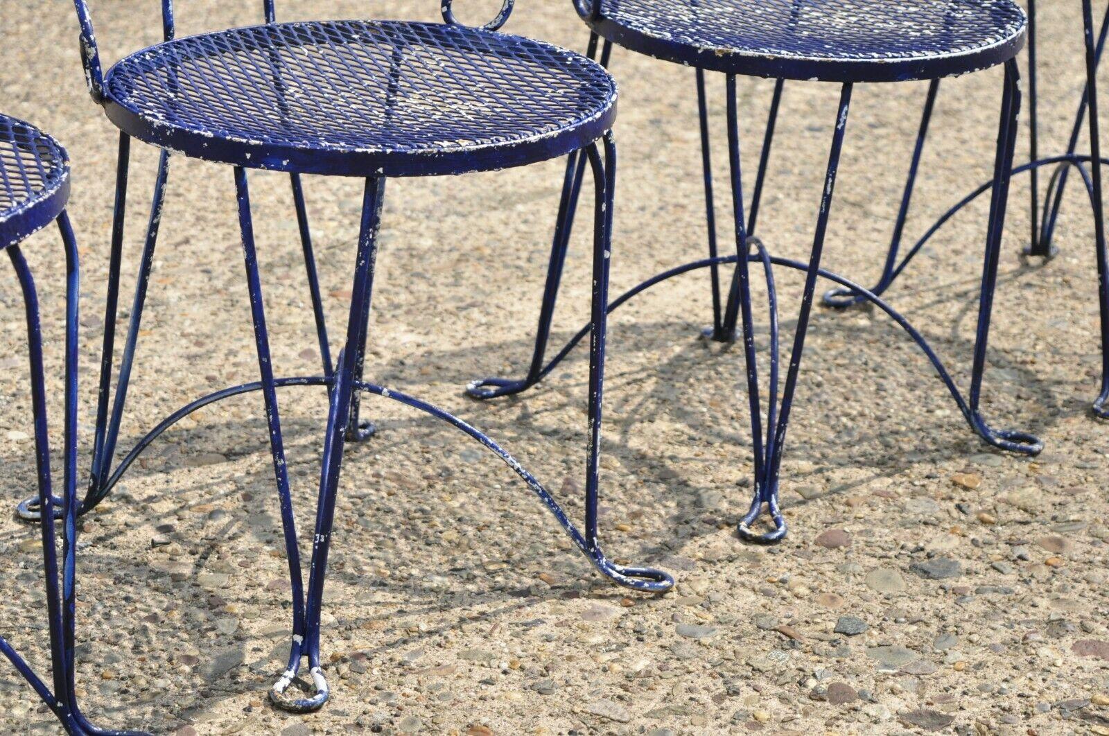 Victorian Style Blue Wrought Iron Small Garden Bistro Dining Chairs, Set of 4 For Sale 4