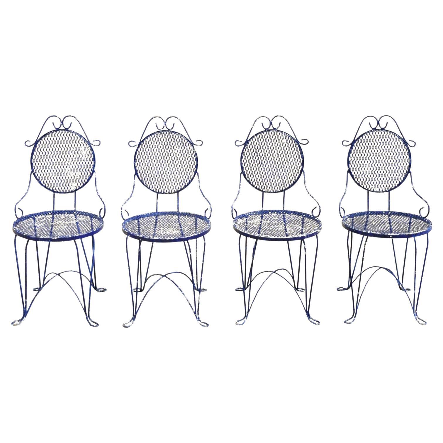 Victorian Style Blue Wrought Iron Small Garden Bistro Dining Chairs, Set of 4