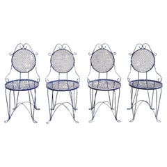 Used Victorian Style Blue Wrought Iron Small Garden Bistro Dining Chairs, Set of 4