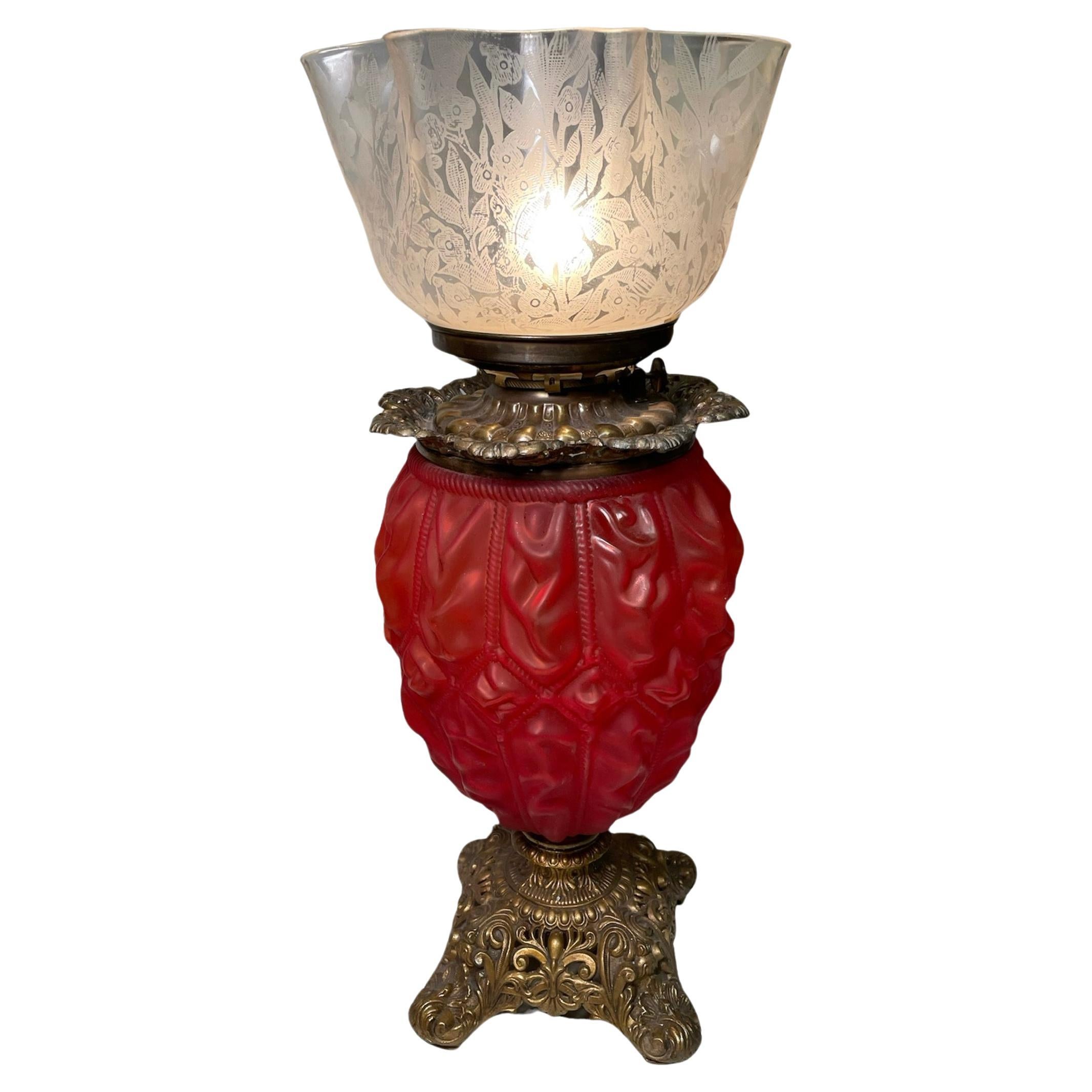 Victorian Style Brass And Glass Table Lamp For Sale