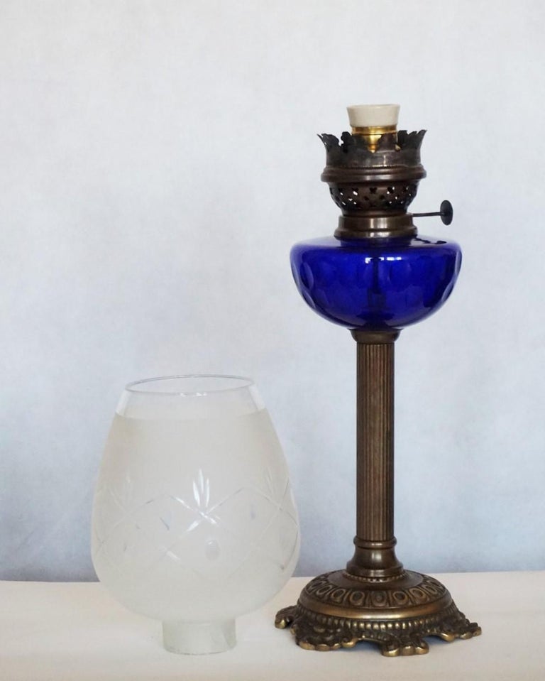 Victorian Bronze Cobalt Blue Glass Font Oil Lamp Converted to Electric
