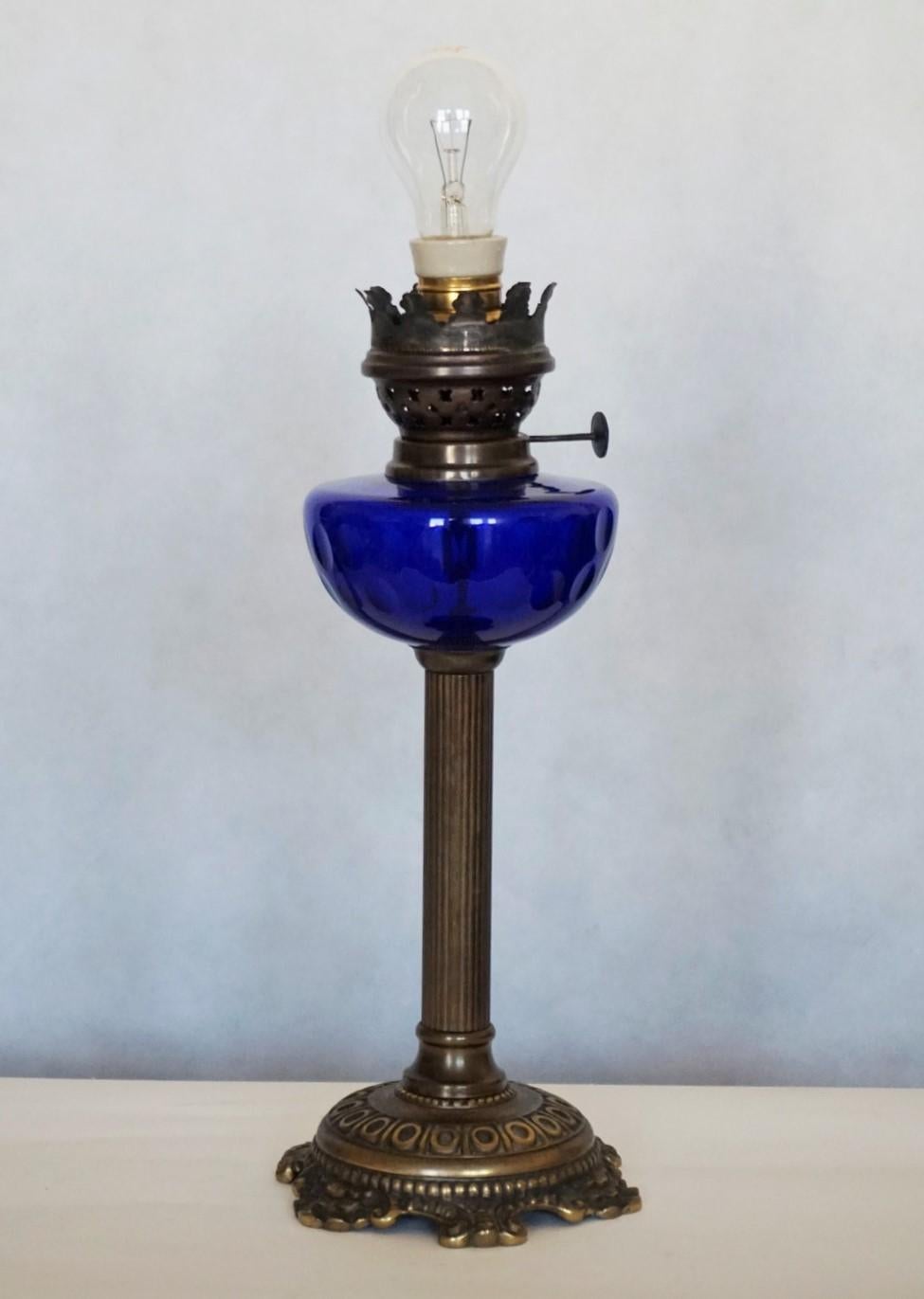 19th Century Victorian Bronze Cobalt Blue Glass Font Oil Lamp Converted to Electric