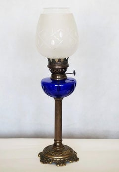 Victorian Bronze Cobalt Blue Glass Font Oil Lamp Converted to Electric