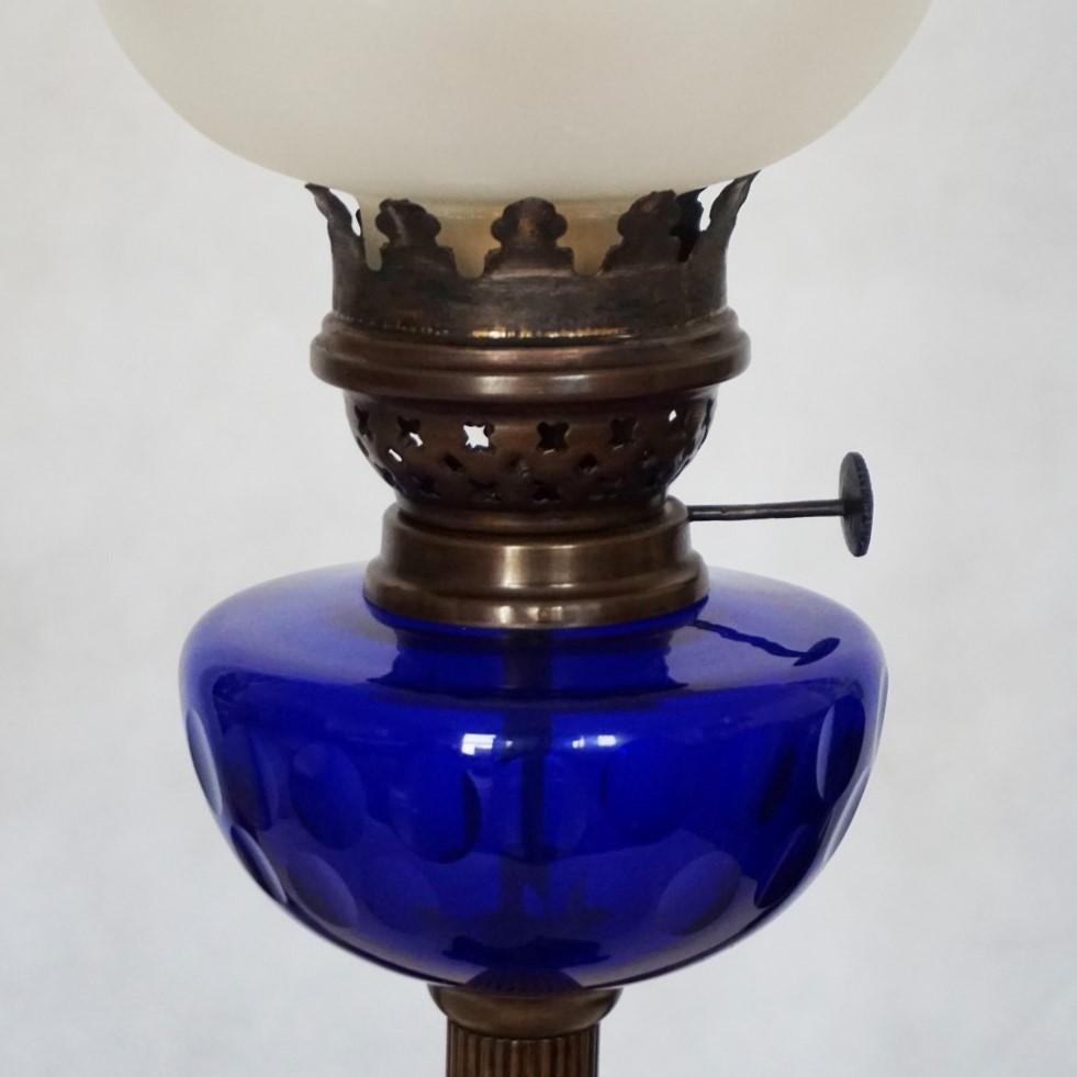 French Victorian Bronze Cobalt Blue Glass Font Oil Lamp Converted to Electric