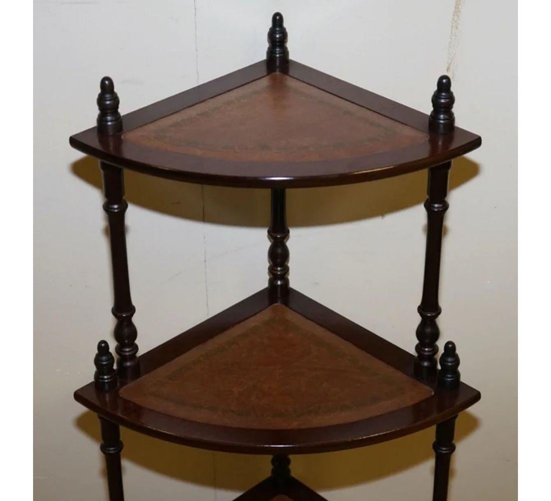 British Victorian Style Brown Leather Inlaid Corner Whatnot Table