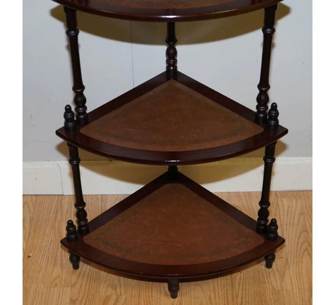 Hand-Crafted Victorian Style Brown Leather Inlaid Corner Whatnot Table
