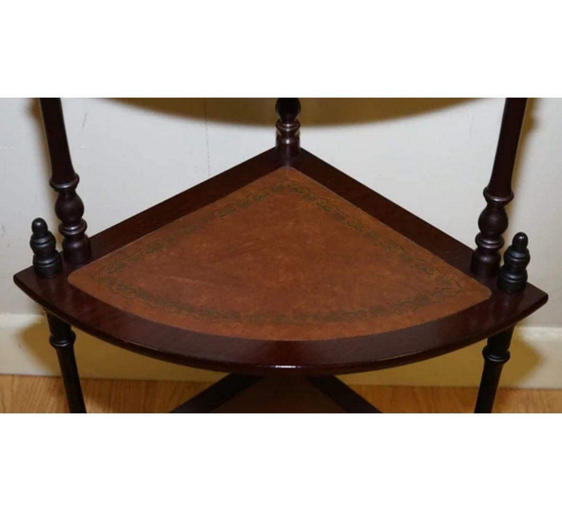20th Century Victorian Style Brown Leather Inlaid Corner Whatnot Table