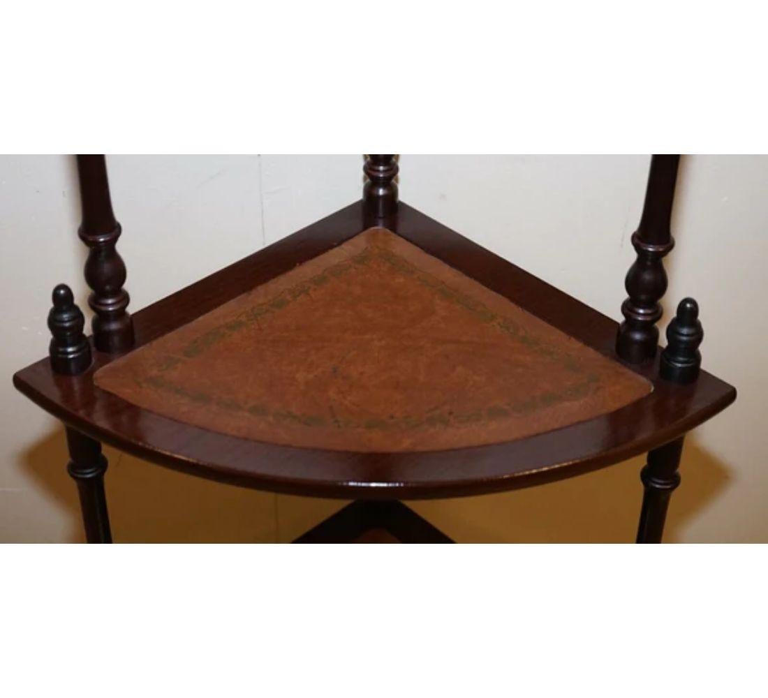 Hardwood Victorian Style Brown Leather Inlaid Corner Whatnot Table