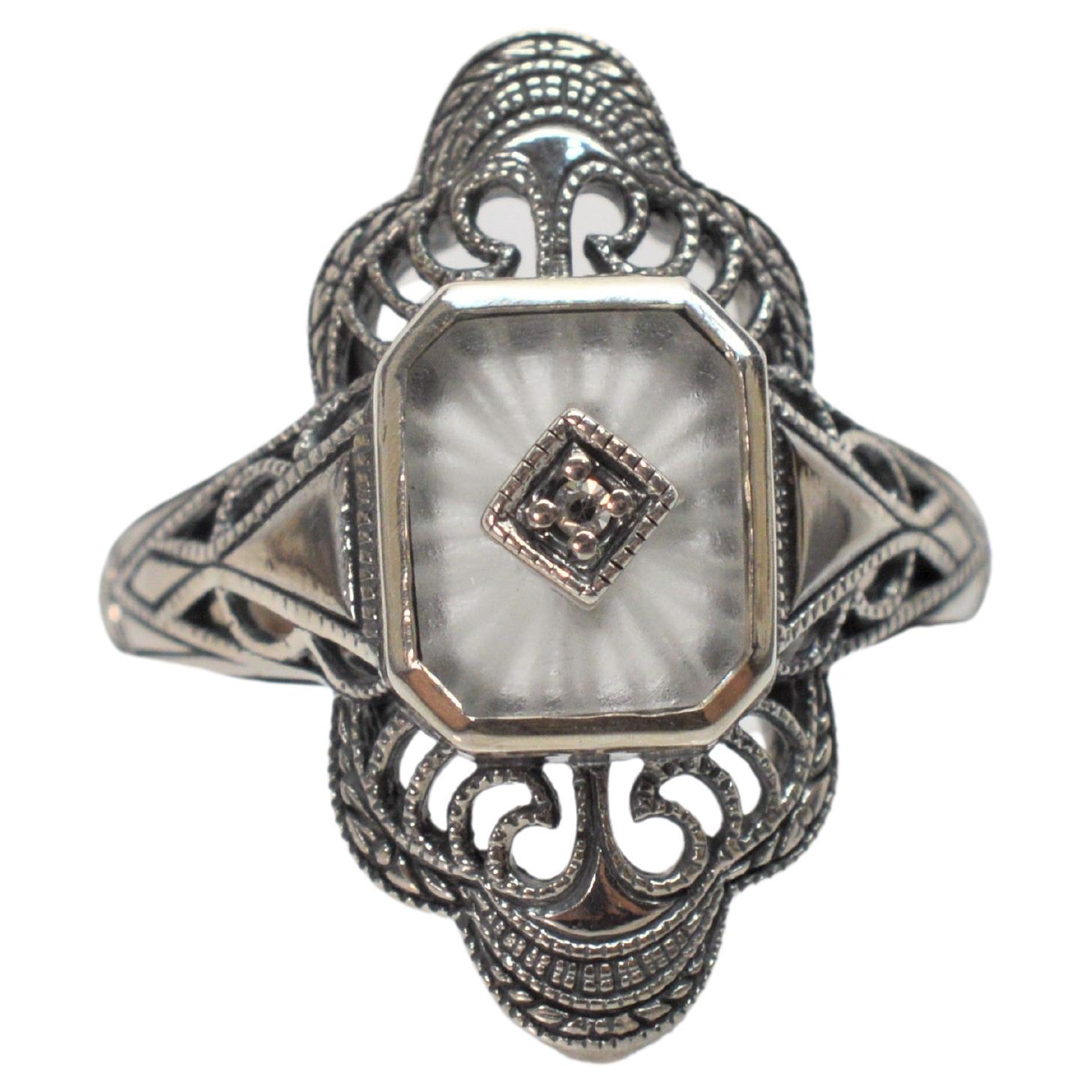 Victorian Style Camphor Glass Sterling Silver Filigree Ring with Diamond Accent For Sale