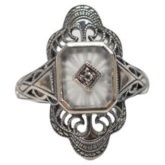 Victorian Style Camphor Glass Sterling Silver Filigree Ring with Diamond Accent
