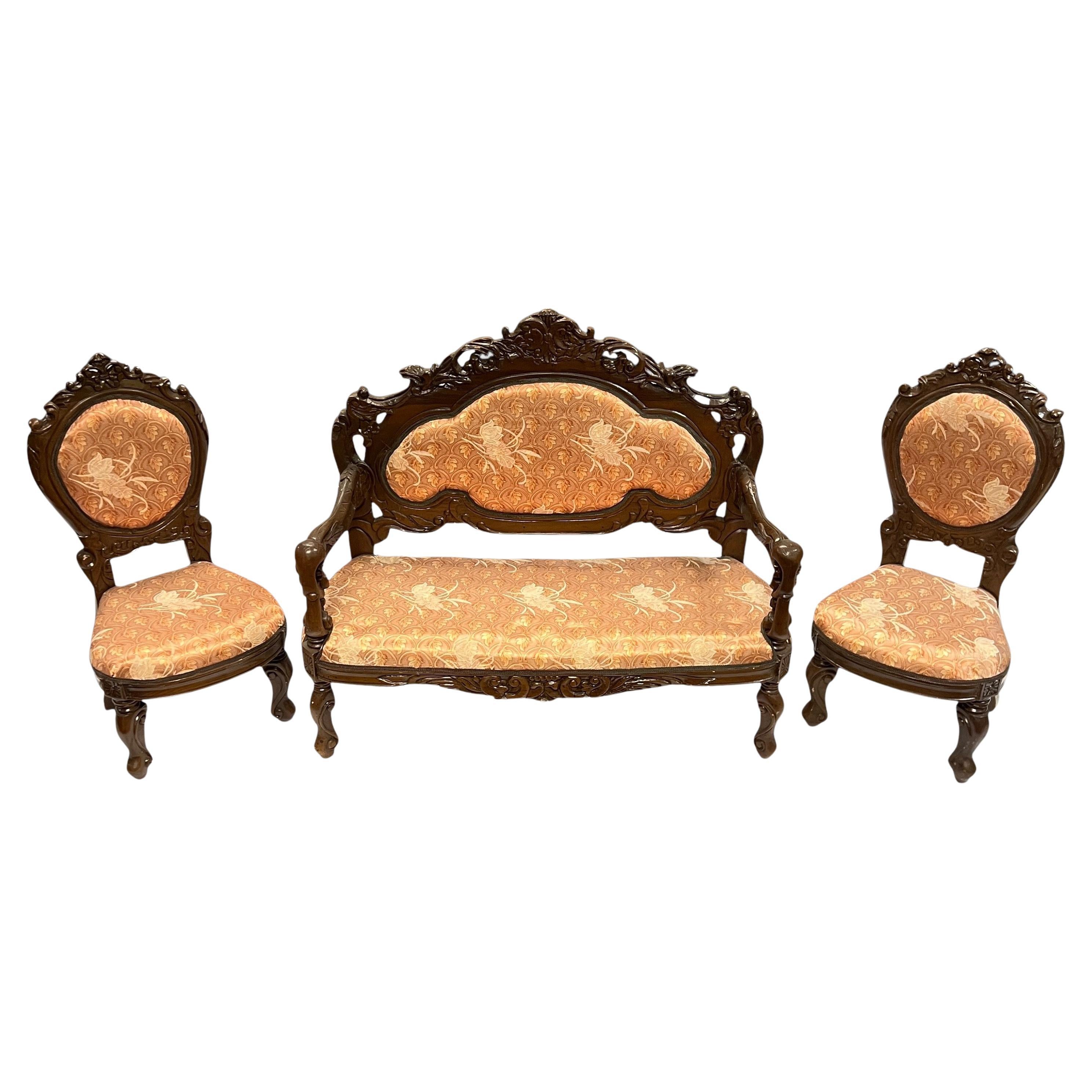 Victorian style Carved and Upholstered Children s Settee and Chairs Set