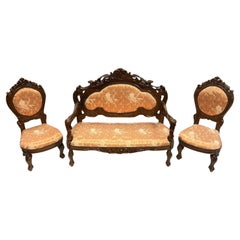 Victorian style  Carved and Upholstered Children's Settee and Chairs Set