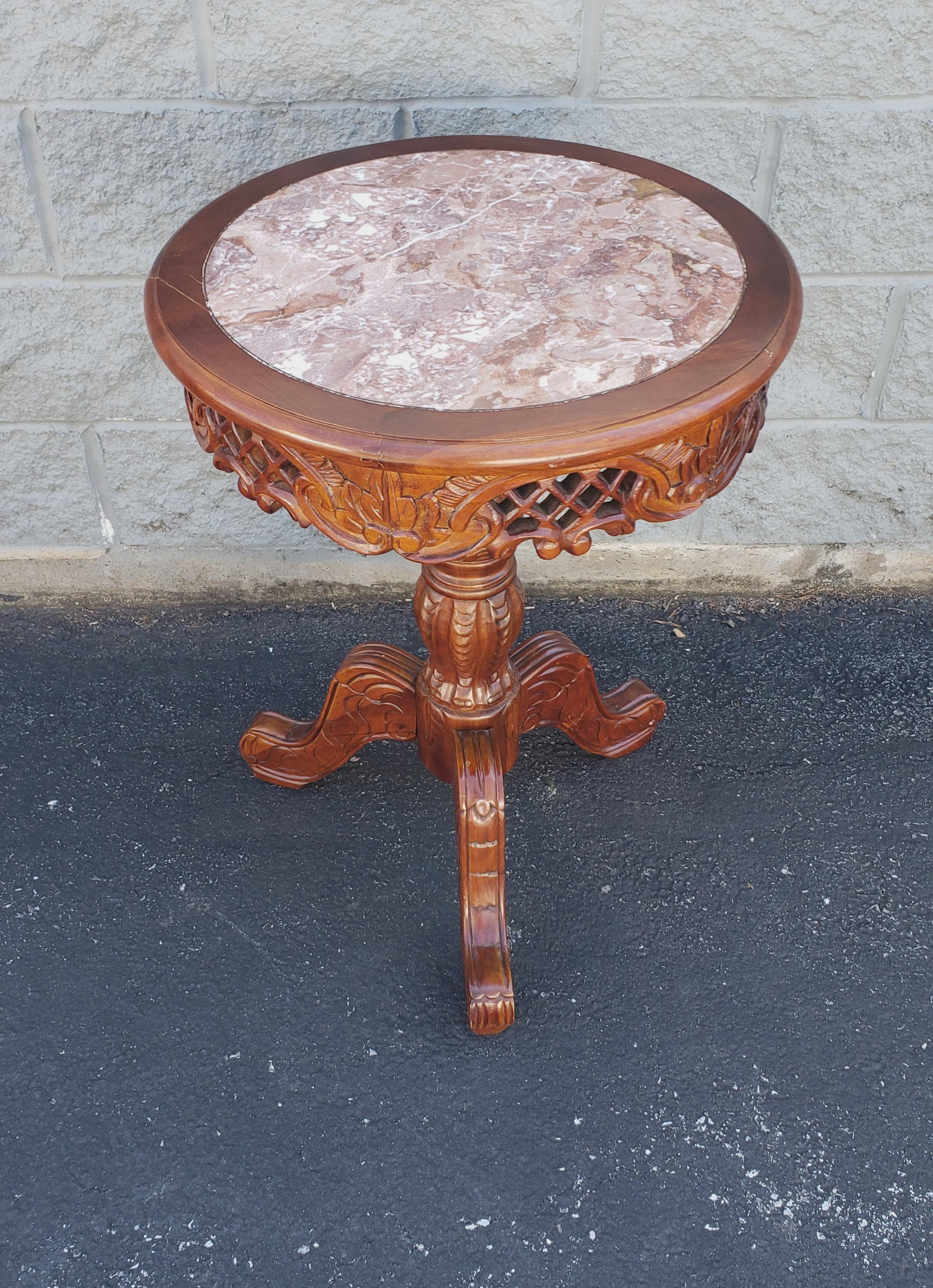Victorian style carved fruitwood and marble inset pedestal side table measuring 21
