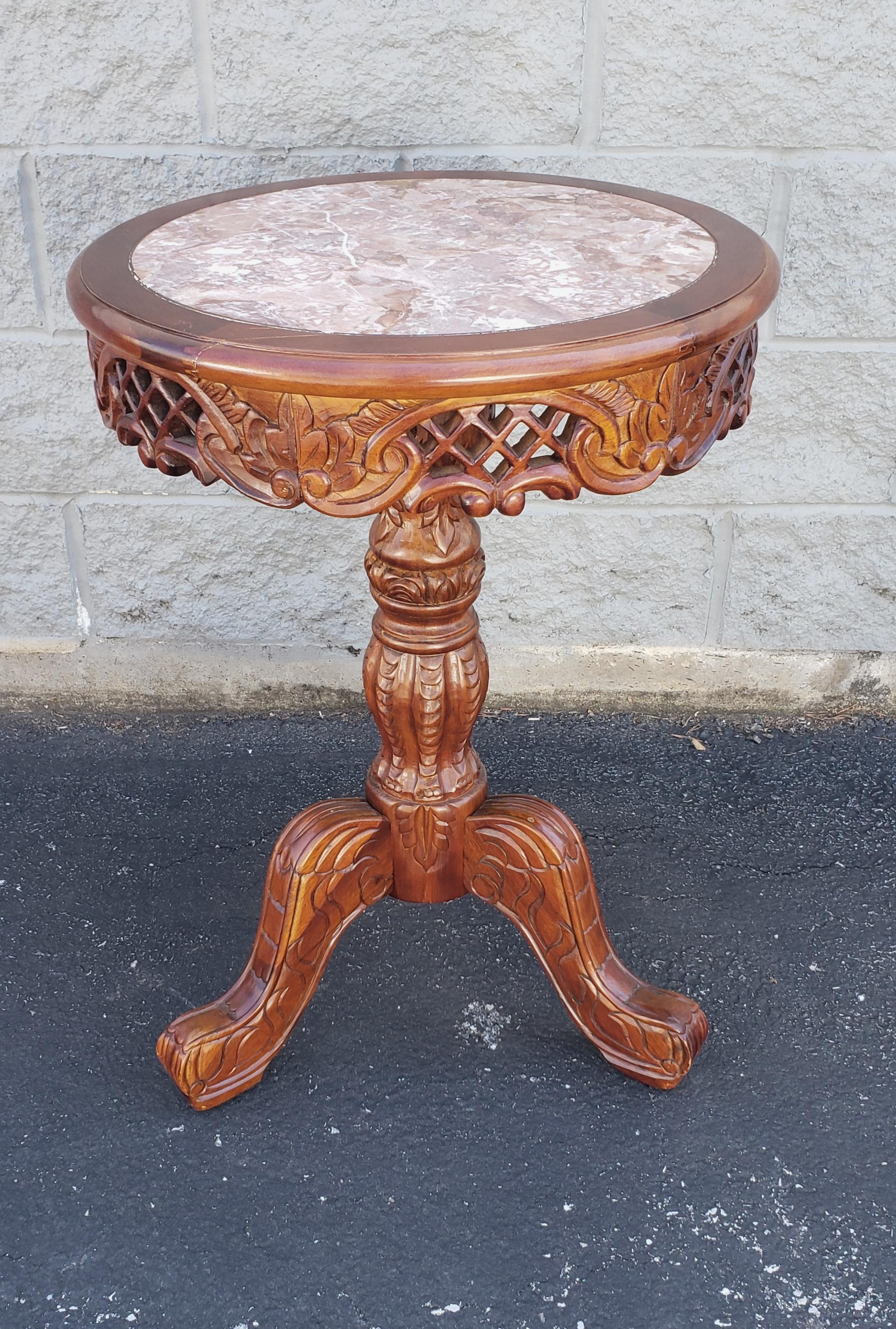 Modern Victorian Style Carved Fruitwood and Marble Inset Pedestal Side Table For Sale
