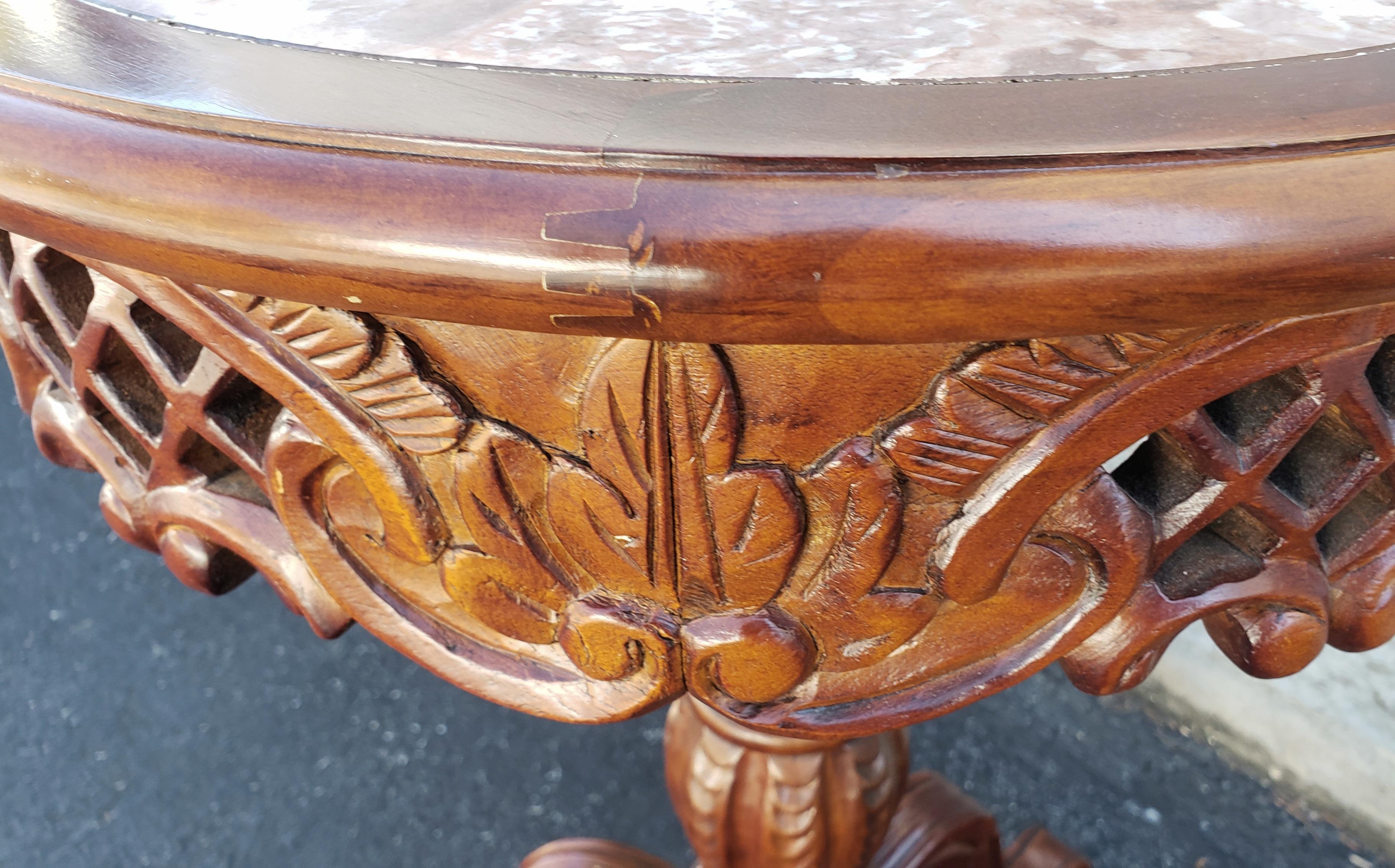 Victorian Style Carved Fruitwood and Marble Inset Pedestal Side Table In Good Condition For Sale In Germantown, MD