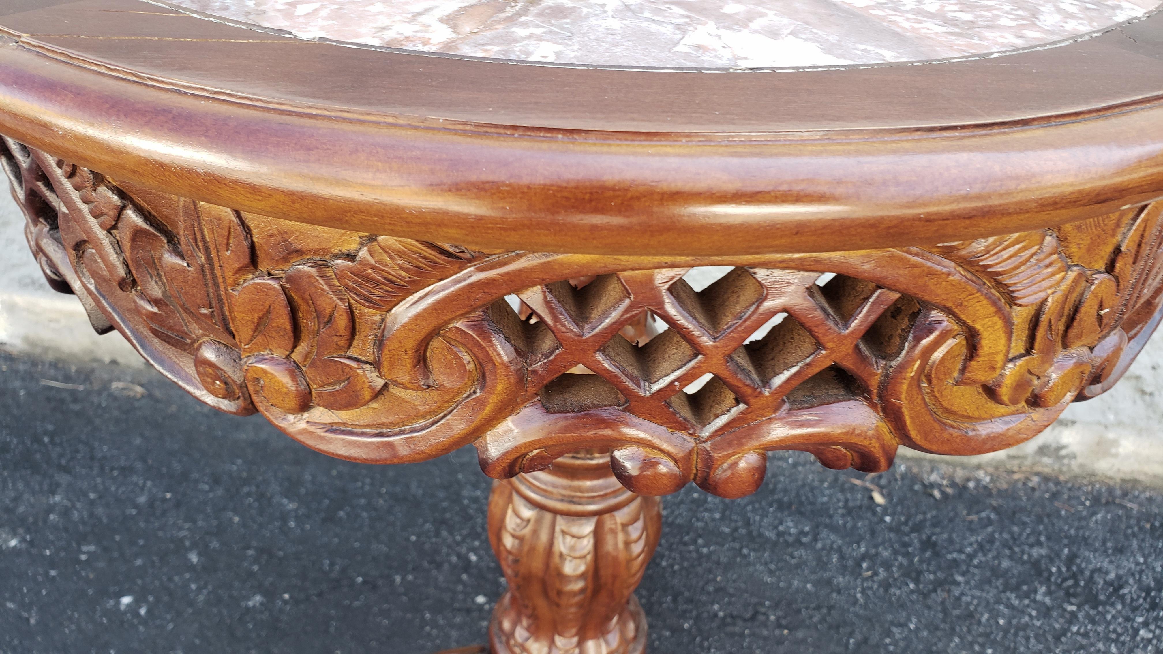 Victorian Style Carved Fruitwood and Marble Inset Pedestal Side Table For Sale 1