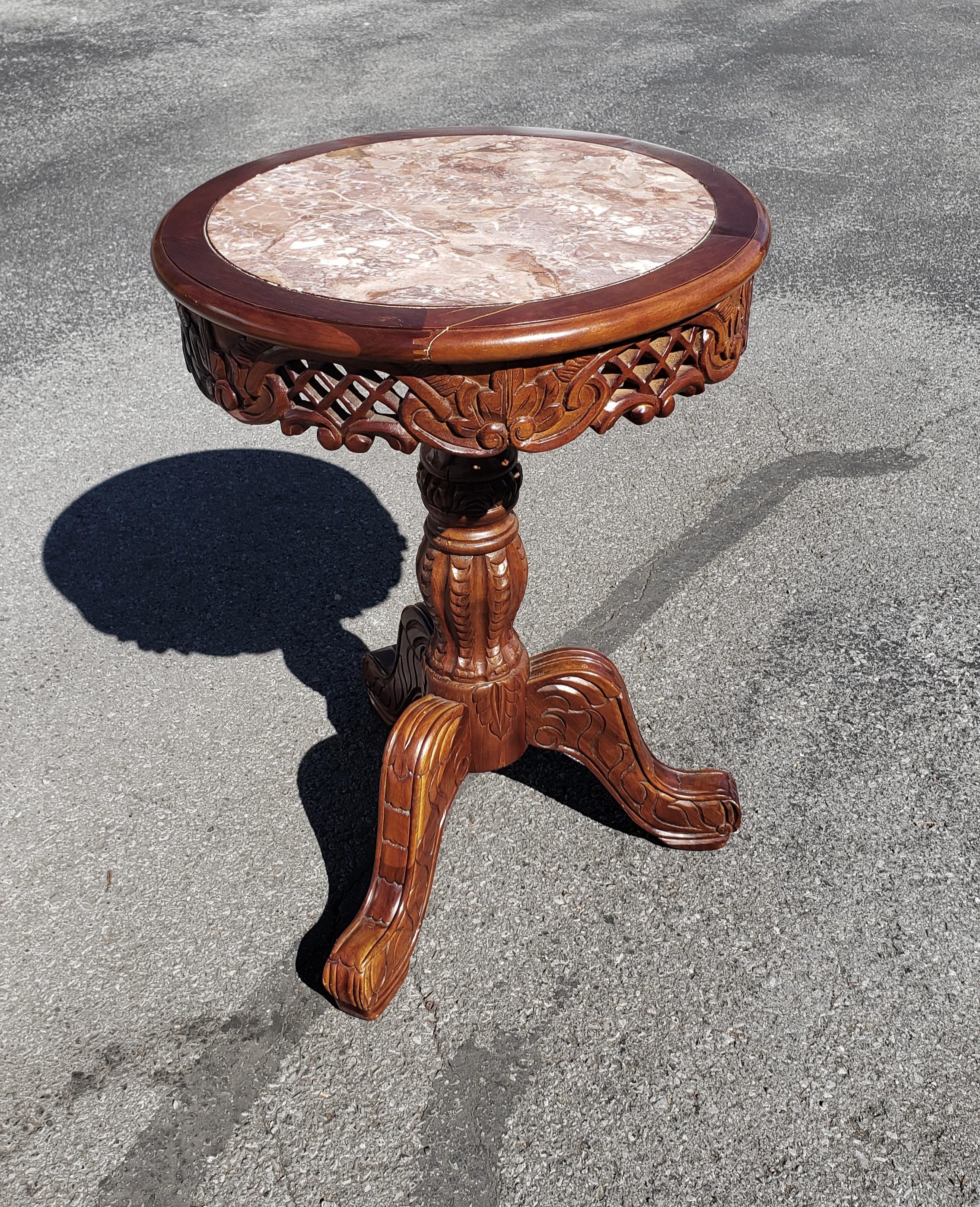 Victorian Style Carved Fruitwood and Marble Inset Pedestal Side Table For Sale 2
