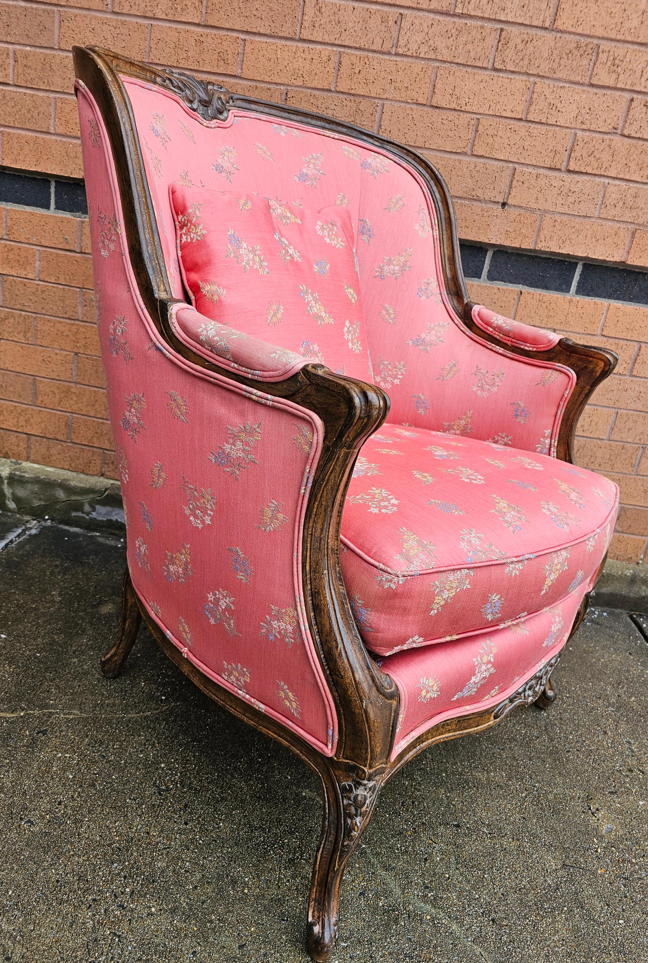 American Victorian Style Carved Fruitwood and Upholstered Lounge Chair For Sale