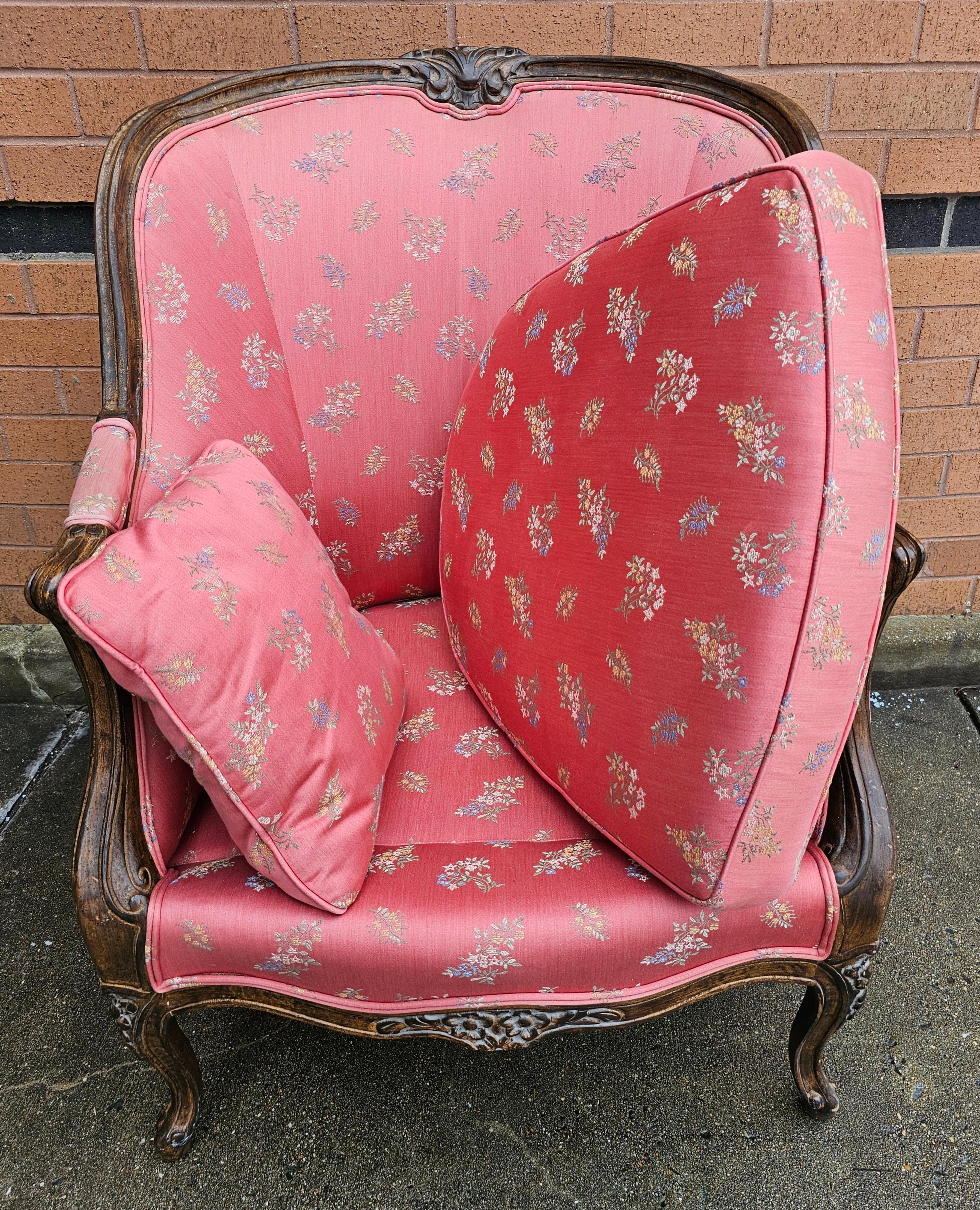 Victorian Style Carved Fruitwood and Upholstered Lounge Chair In Good Condition For Sale In Germantown, MD