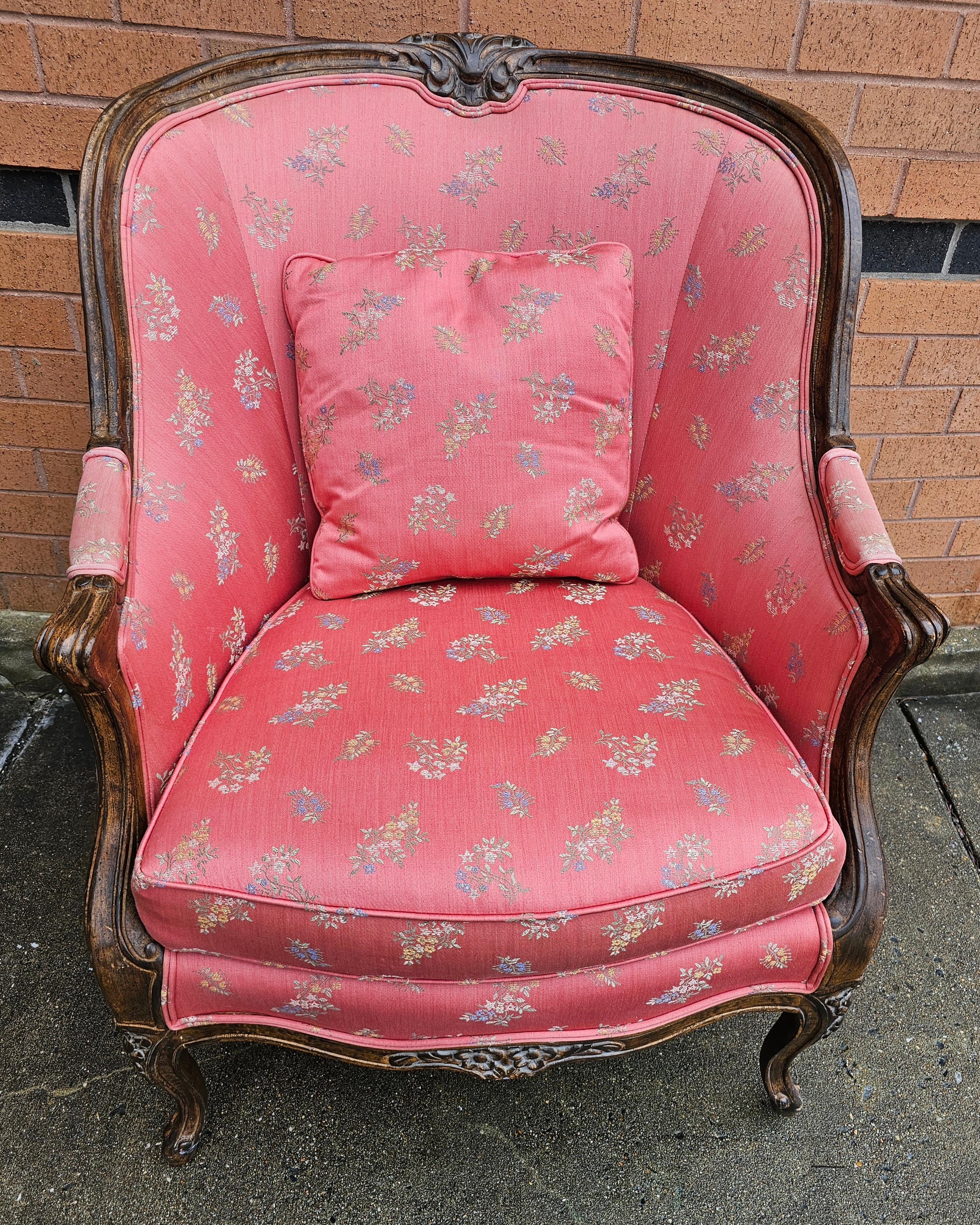 20th Century Victorian Style Carved Fruitwood and Upholstered Lounge Chair For Sale