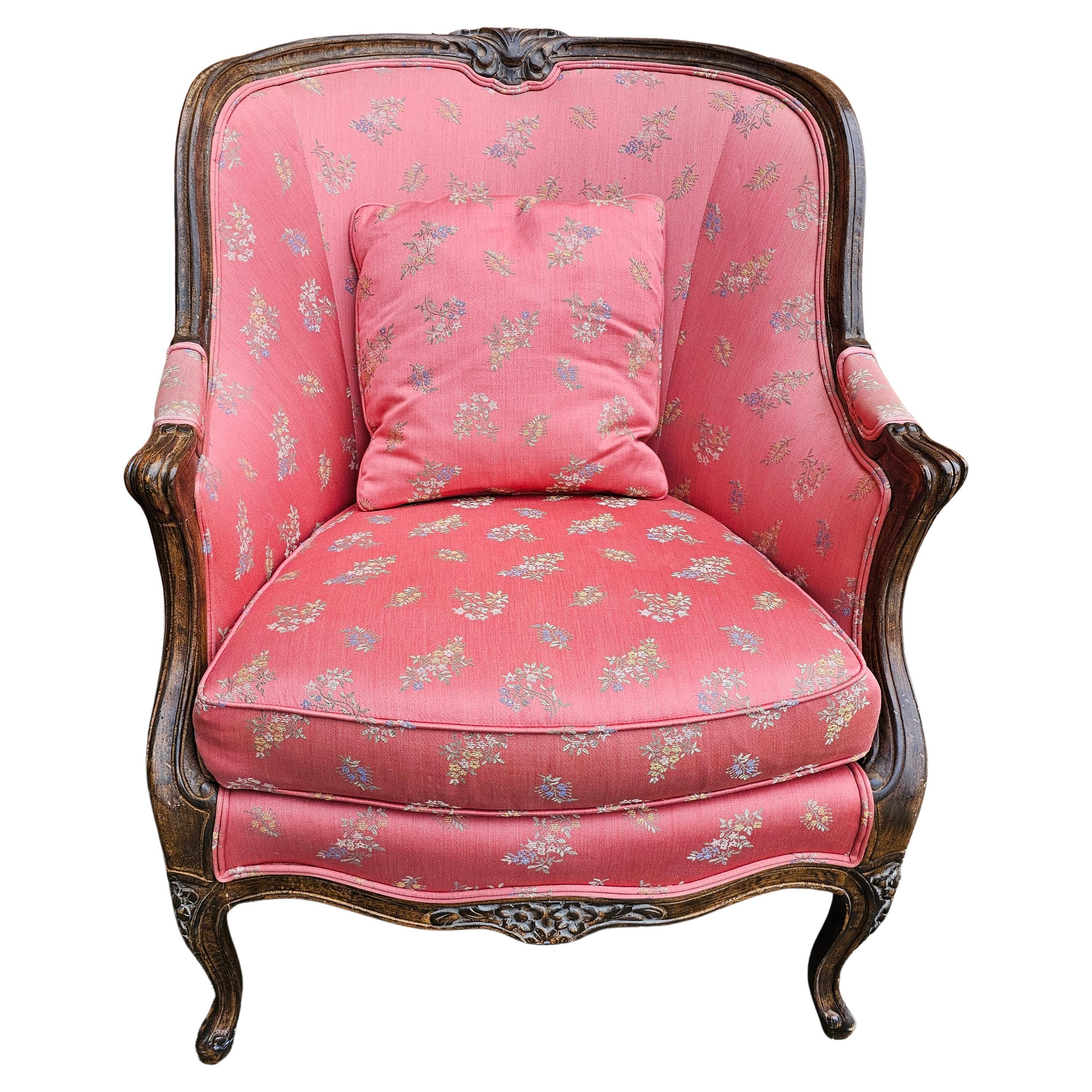 Victorian Style Carved Fruitwood and Upholstered Lounge Chair For Sale