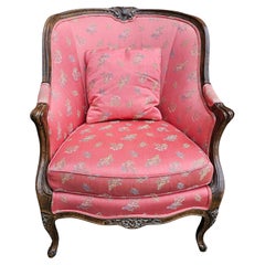 Retro Victorian Style Carved Fruitwood and Upholstered Lounge Chair