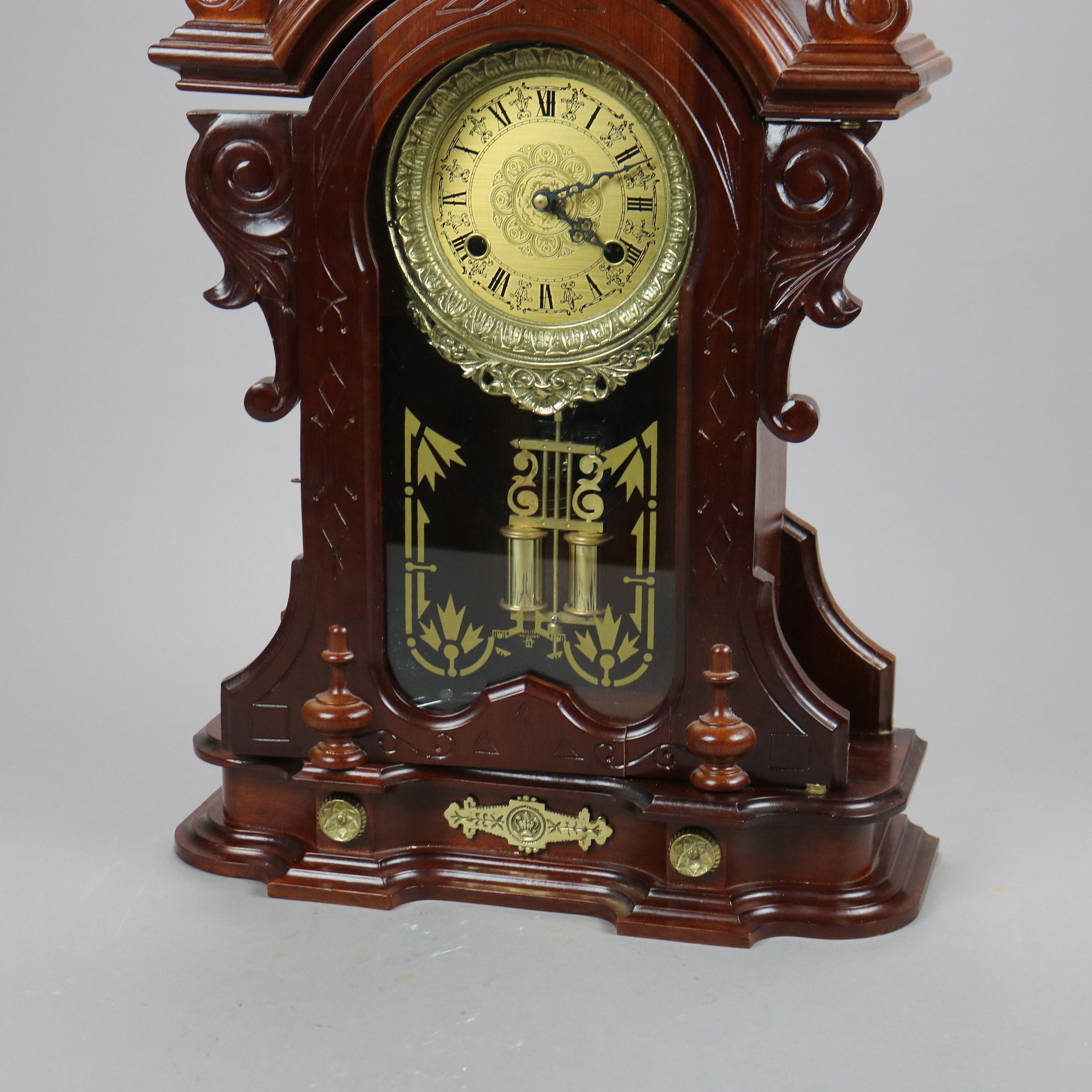 Victorian Style Carved Mahogany Mantle Clock 20th Century In Good Condition In Big Flats, NY
