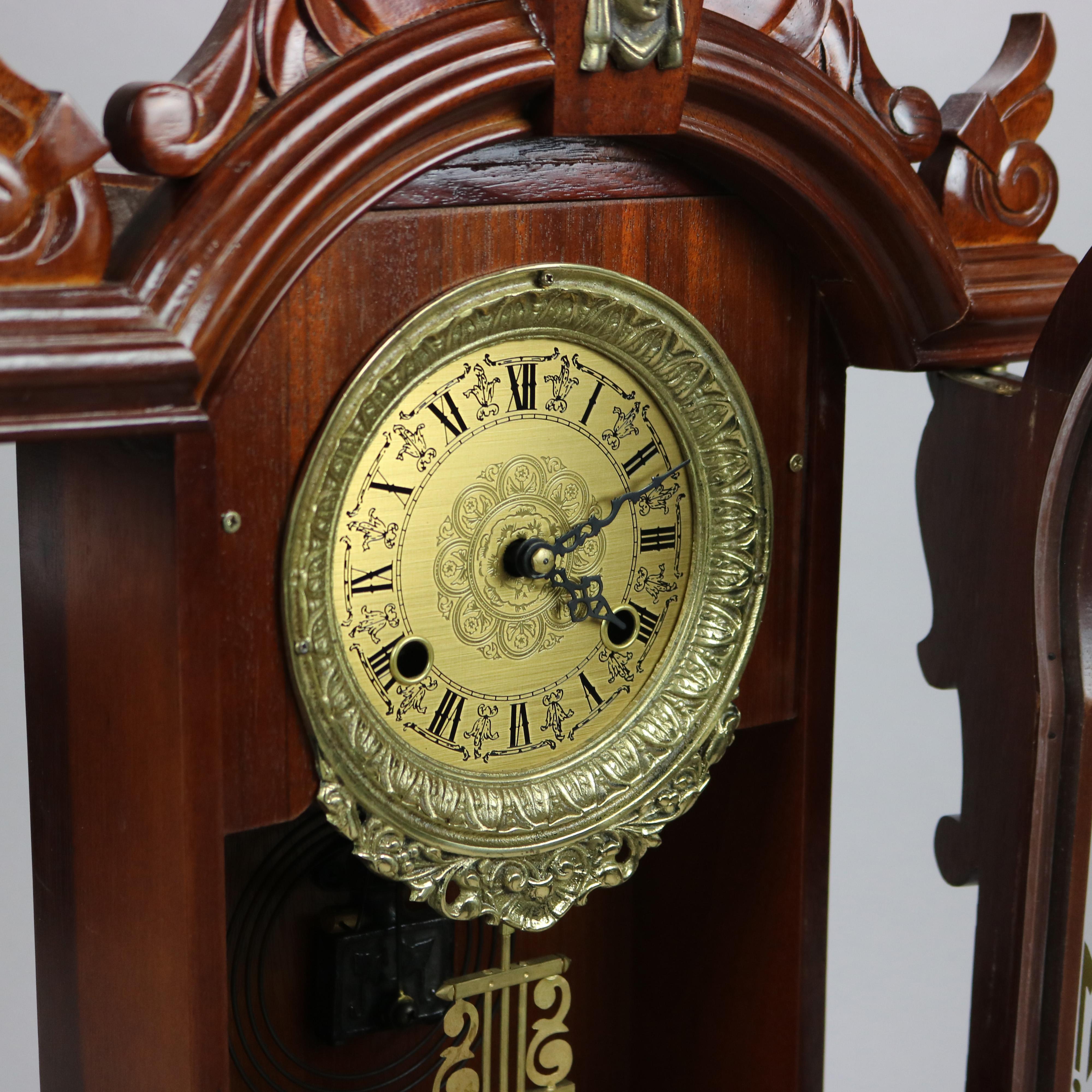 Glass Victorian Style Carved Mahogany Mantle Clock 20th Century