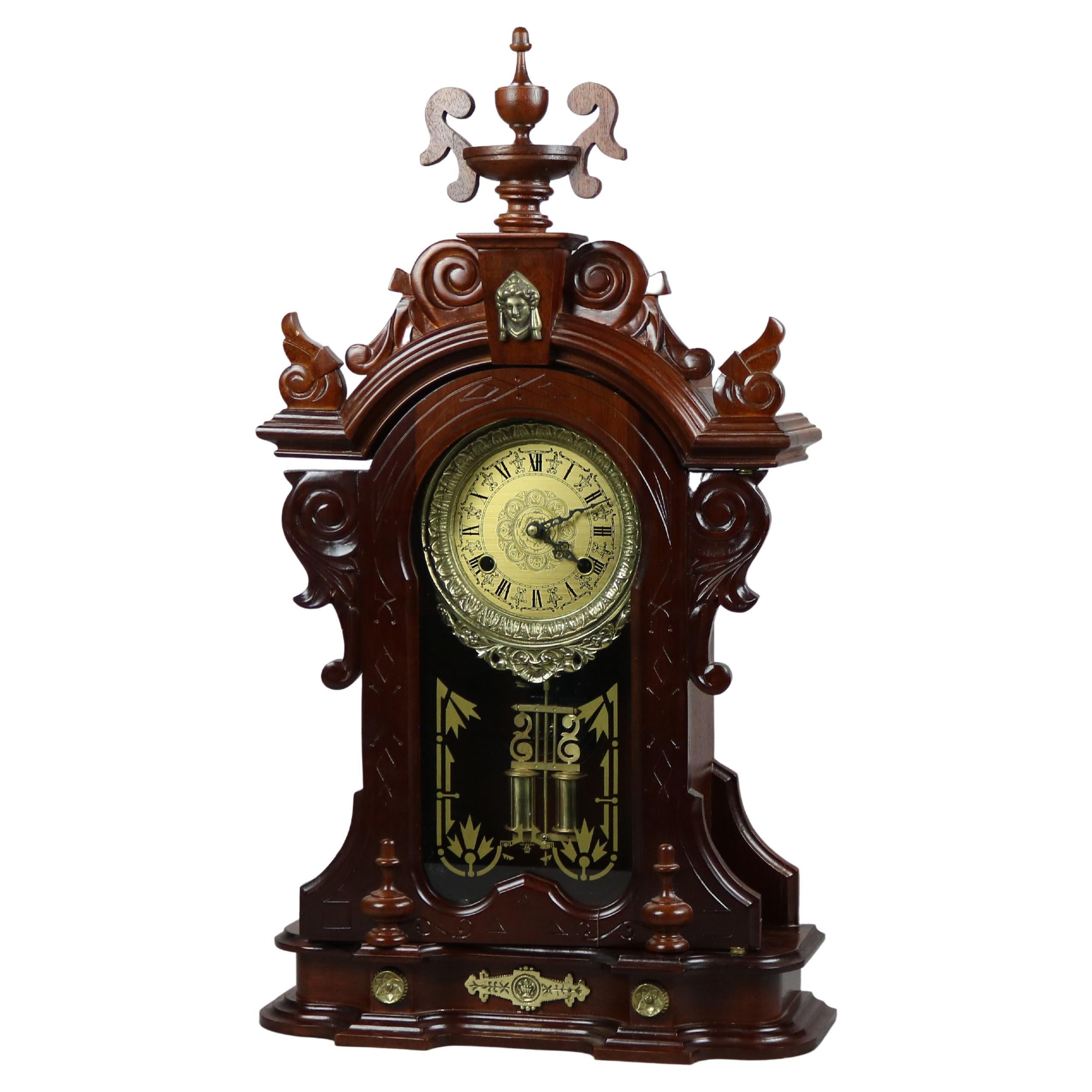 Victorian Style Carved Mahogany Mantle Clock 20th Century