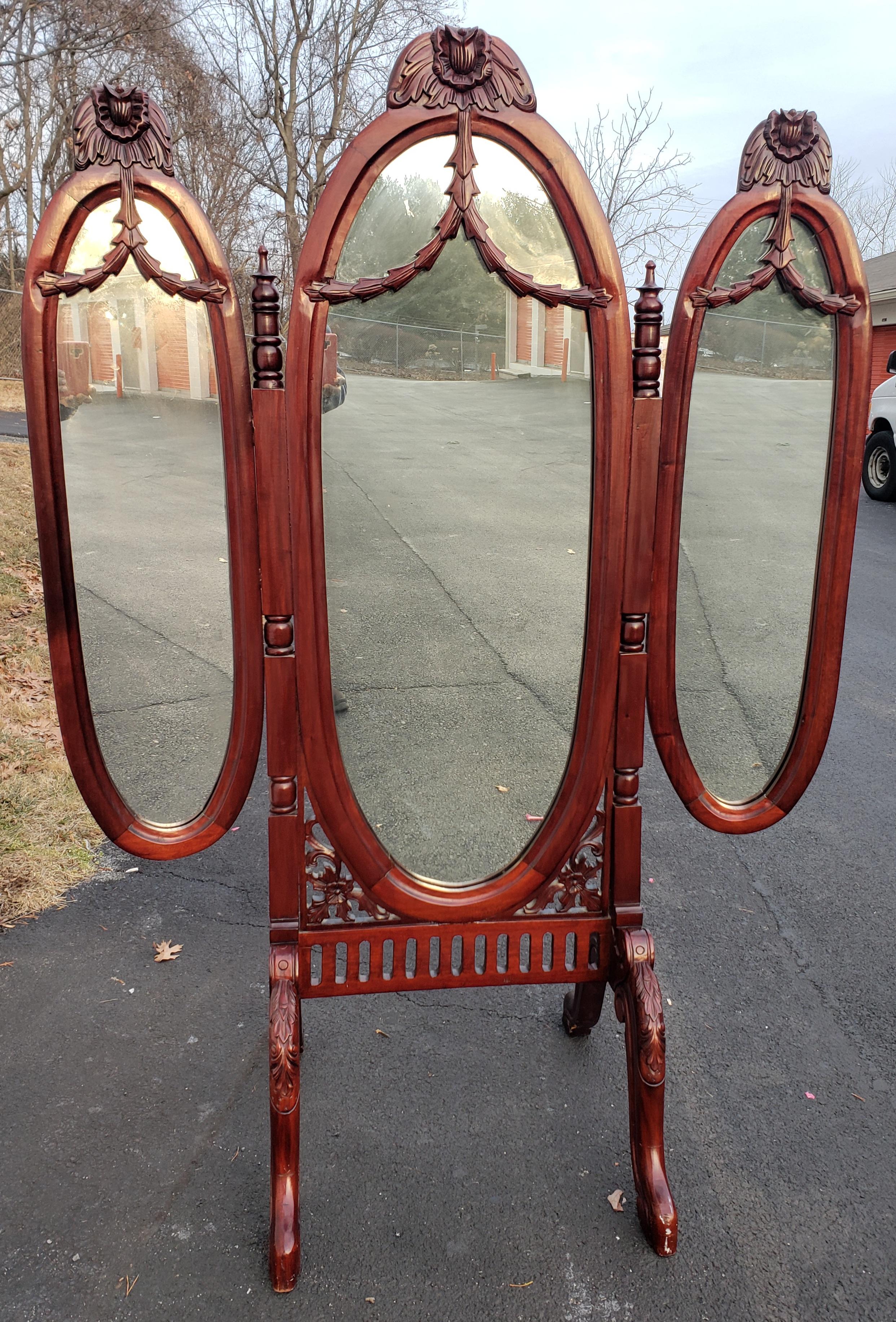 Victorian Style Carved Mahogany Triptych Full Length Floor Mirror For Sale 1