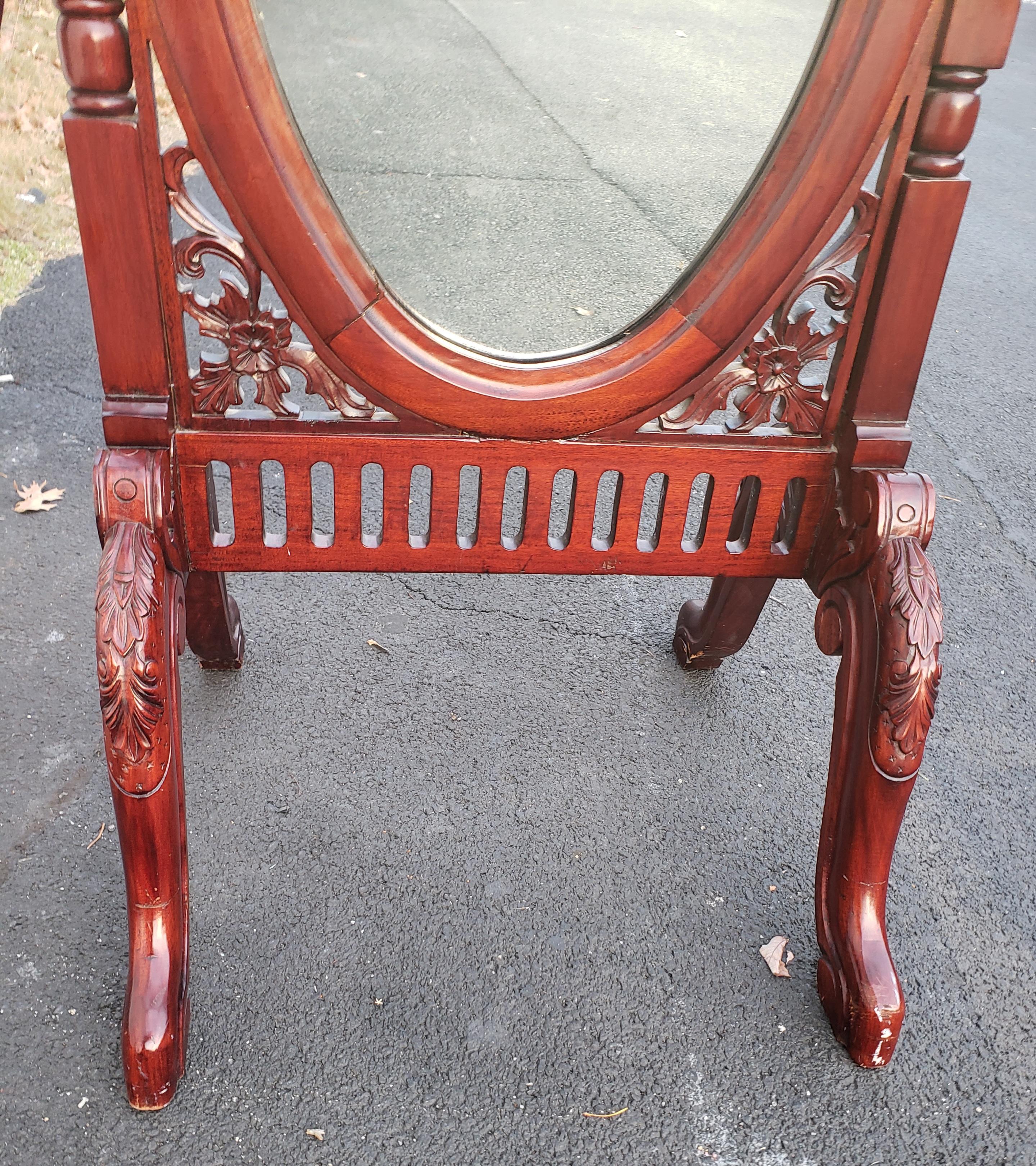 Victorian Style Carved Mahogany Triptych Full Length Floor Mirror For Sale 1