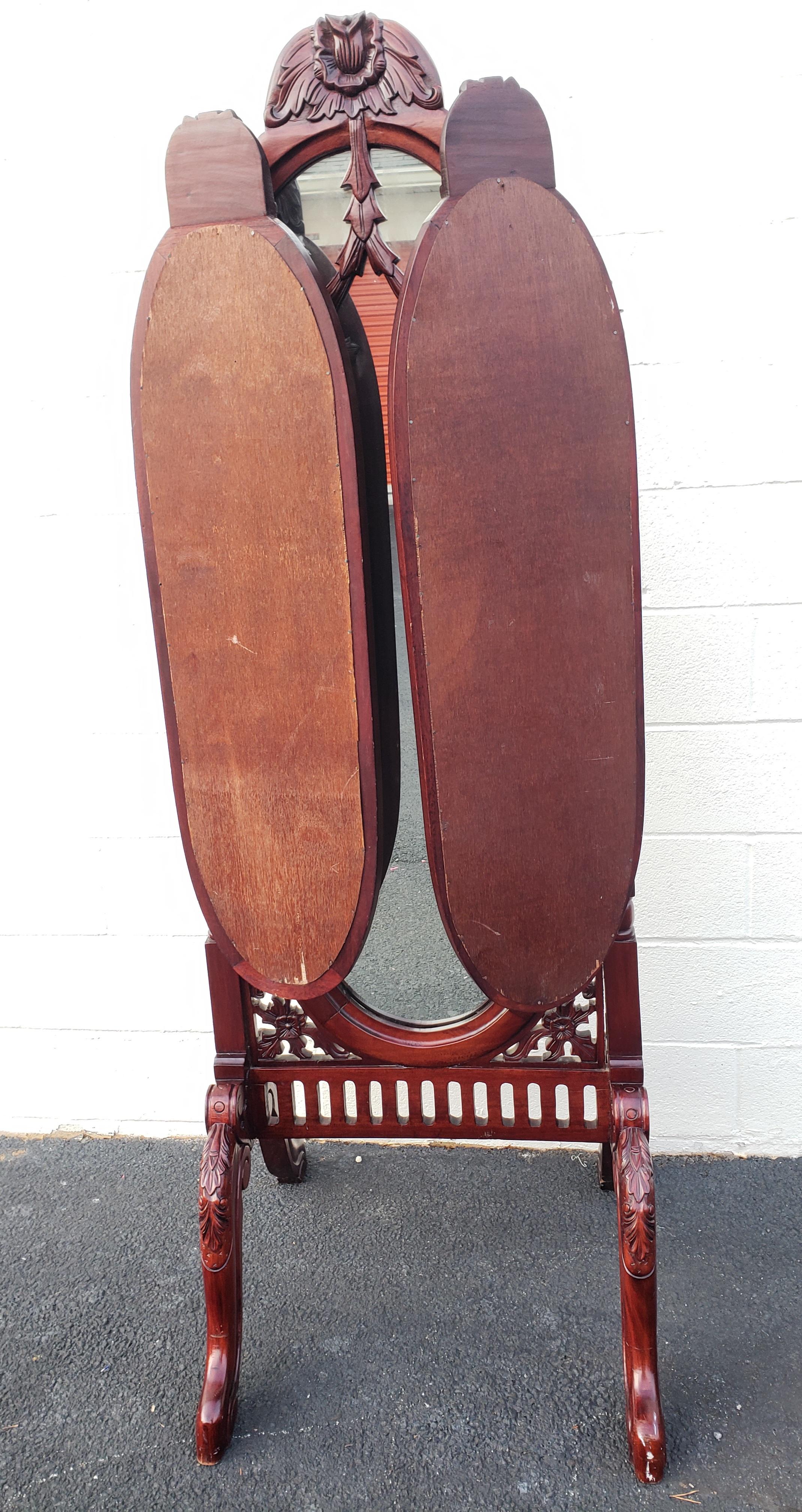 Victorian Style Carved Mahogany Triptych Full Length Floor Mirror For Sale 5